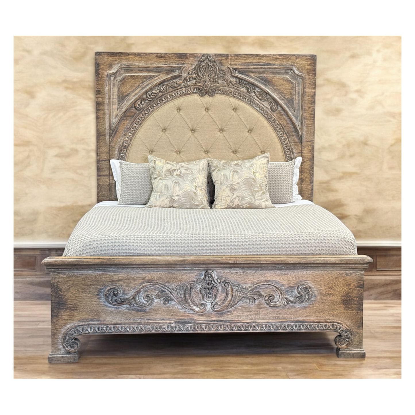 AURELIAN BED 87" Tall | Carved Headboard with Tufted Tan Fabric | Rustic Distressed Finish | Brown Wood | Bed Only | Includes Delivery and Assembly