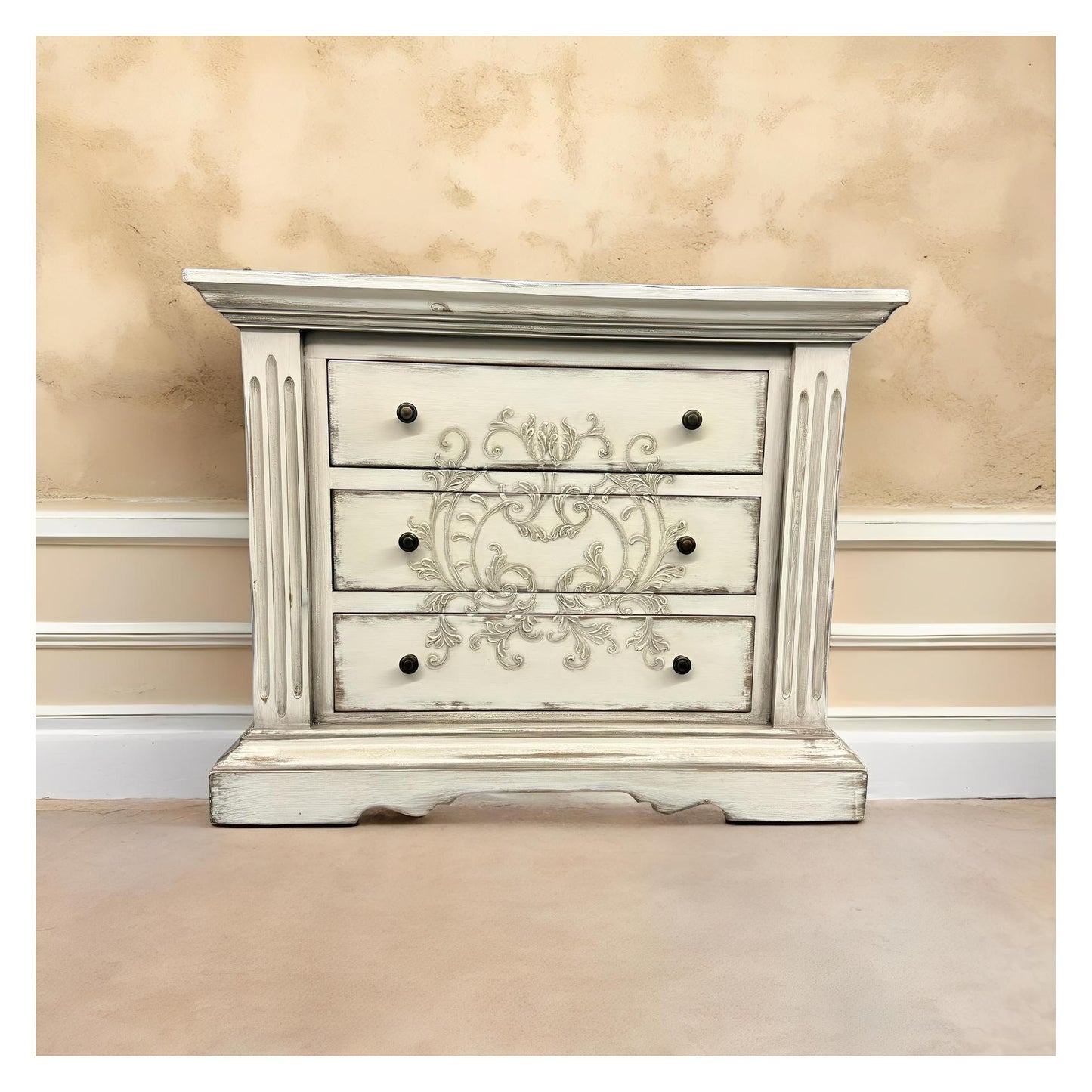 Alessandra Nightstands (2-Pack), Distressed White Finish, Three-Drawer With Ornate Floral Carving