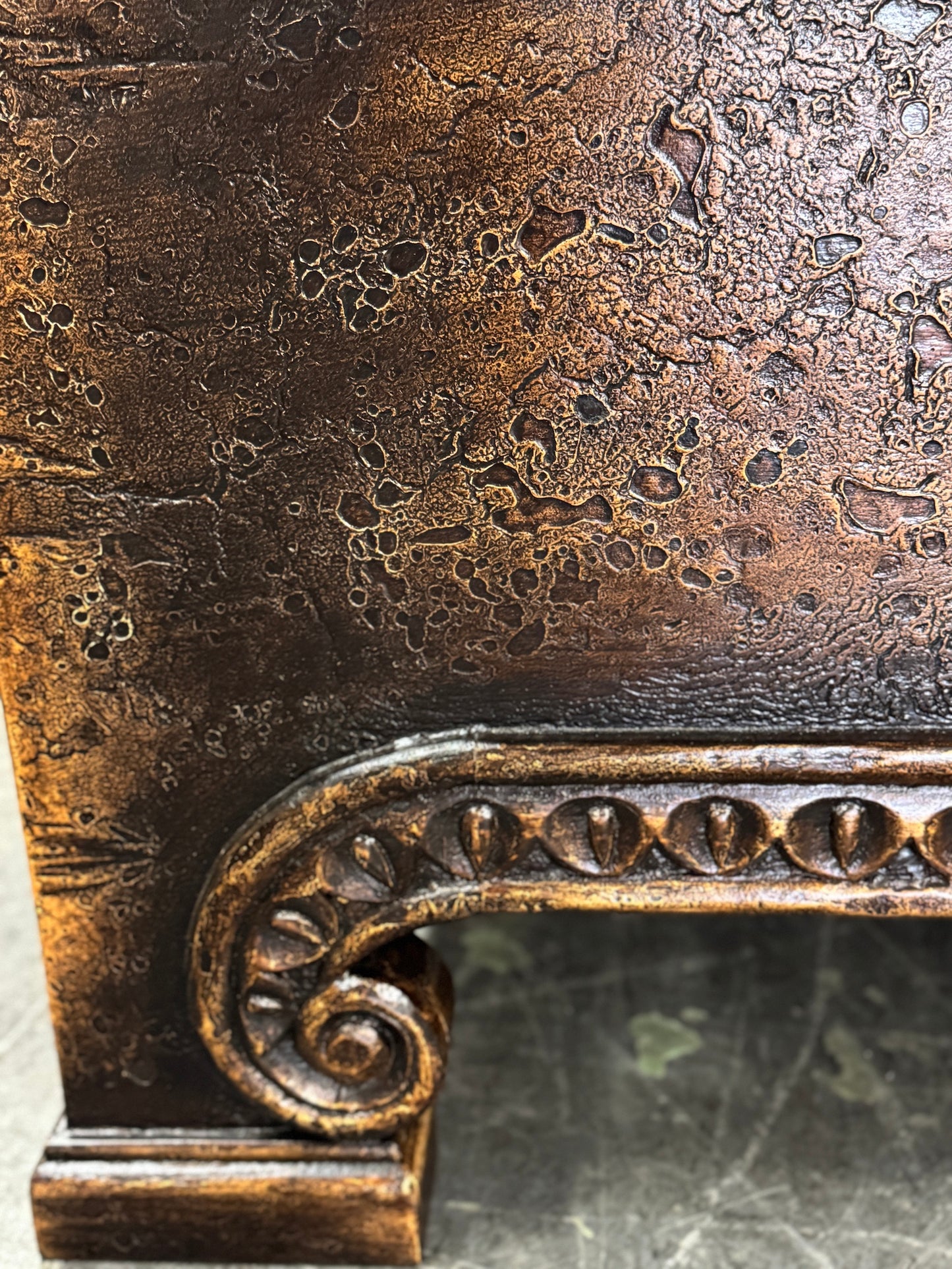 Le Marquis BED 87" Tall | Carved Headboard with Tufted Tan Fabric | Rustic Distressed Finish | Dark Brown Wood | Bed Only | Includes Delivery and Assembly