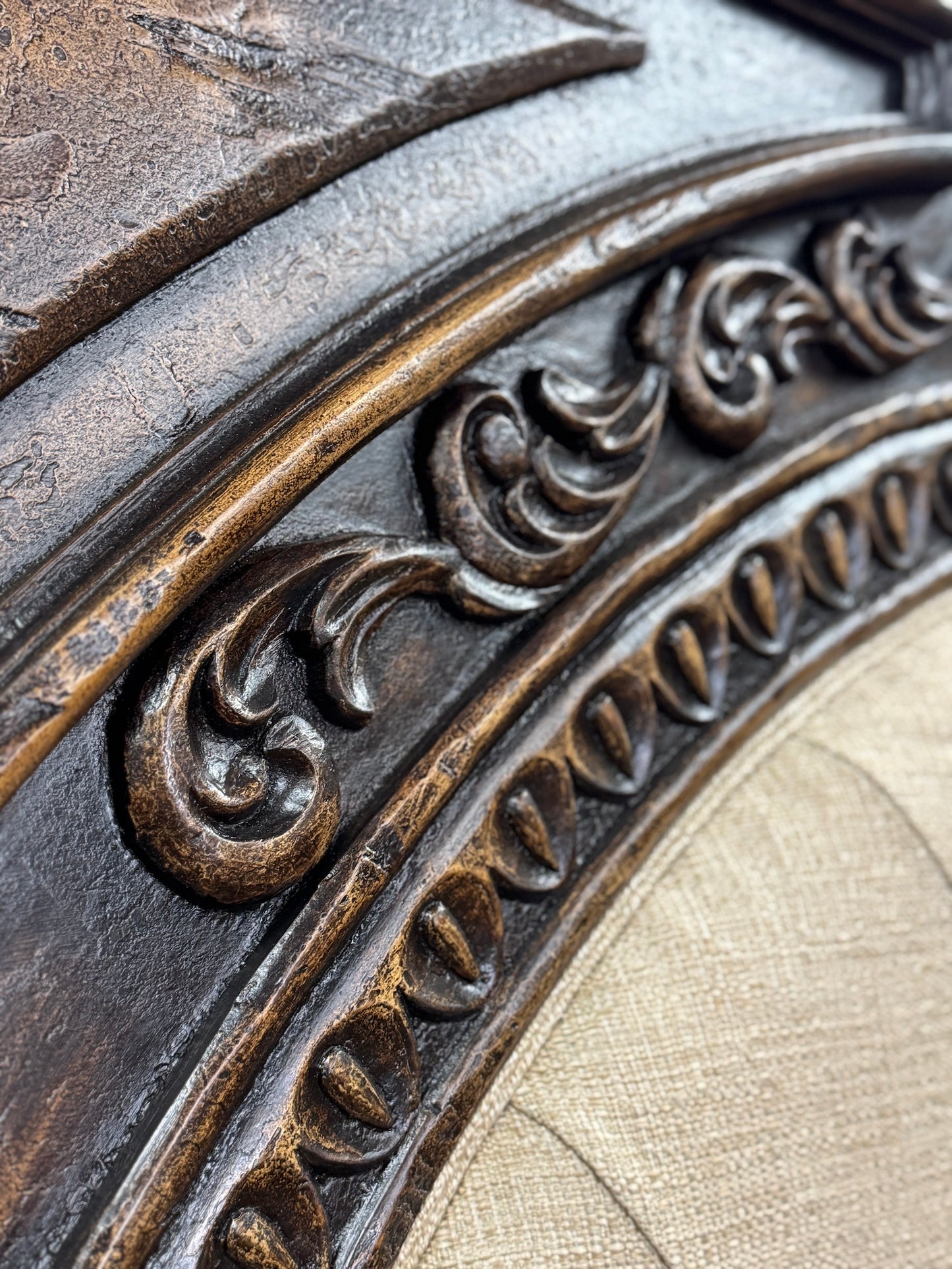 Le Marquis BED 87" Tall | Carved Headboard with Tufted Tan Fabric | Rustic Distressed Finish | Dark Brown Wood | Bed Only | Includes Delivery and Assembly