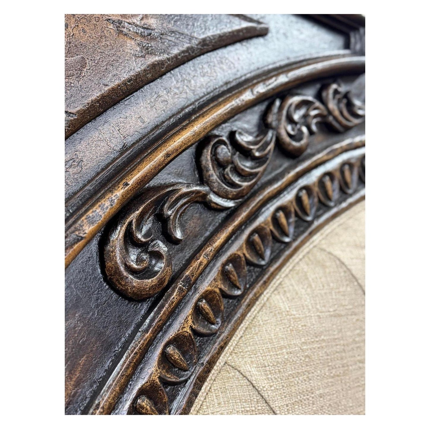 Le Marquis BED 87" Tall | Carved Headboard with Tufted Tan Fabric | Rustic Distressed Finish | Dark Brown Wood | Bed Only | Includes Delivery and Assembly