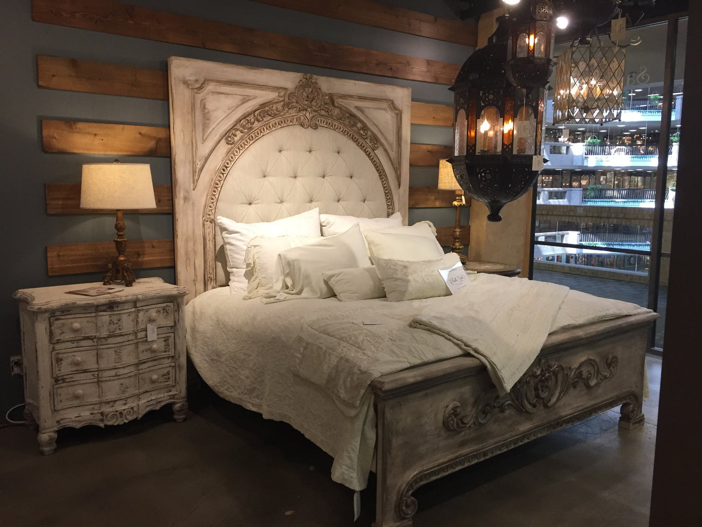 FRANCESCA KING BED 87" Tall | Carved Headboard with Tufted White Fabric | Rustic Distressed Finish | Waxed Off-White Wood | Bed Only | Includes Delivery and Assembly