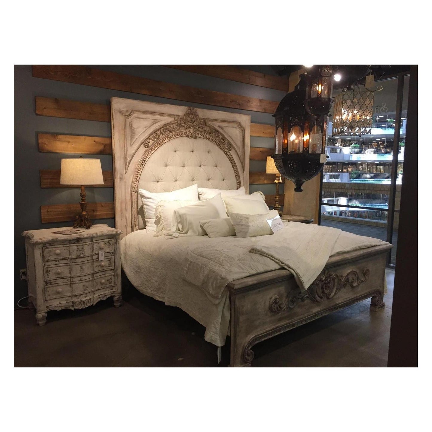 ALESSANDRA BED 87" Tall | Carved Headboard with Tufted White Fabric | Rustic Distressed Finish | Waxed Off-White Wood | Bed Only | Includes Delivery and Assembly
