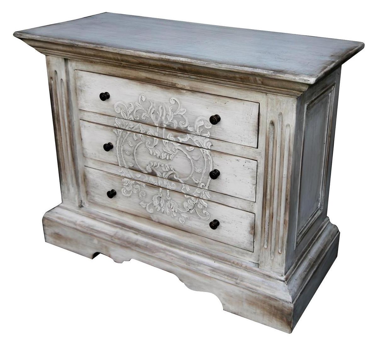 Alessandra Nightstands (2-Pack), Distressed White Finish, Three-Drawer With Ornate Floral Carving