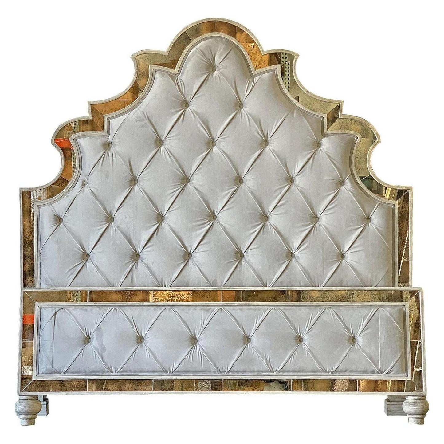 NANTES BED 82" Tall | Tufted White & Gold | Mirror Frame French European Style | Includes Delivery and Assembly