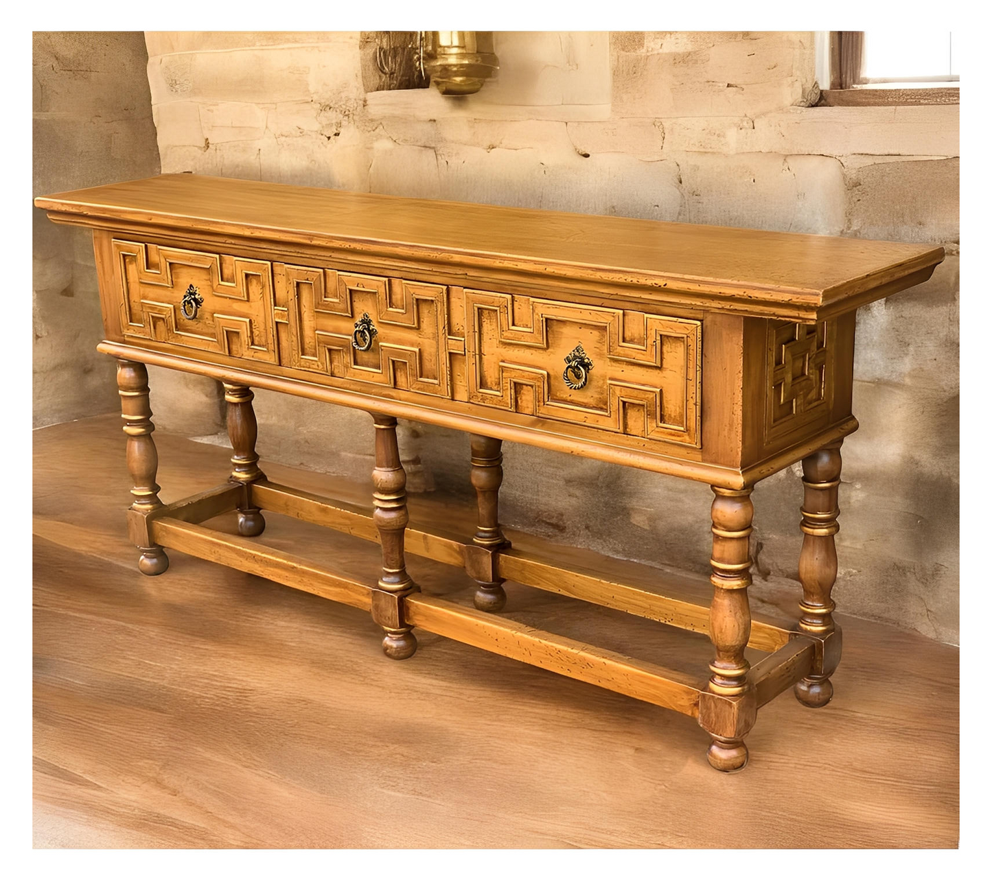 Saint-Suliac Console Table, Antique Brown, Carved Front Panels With Metal Ring Pulls