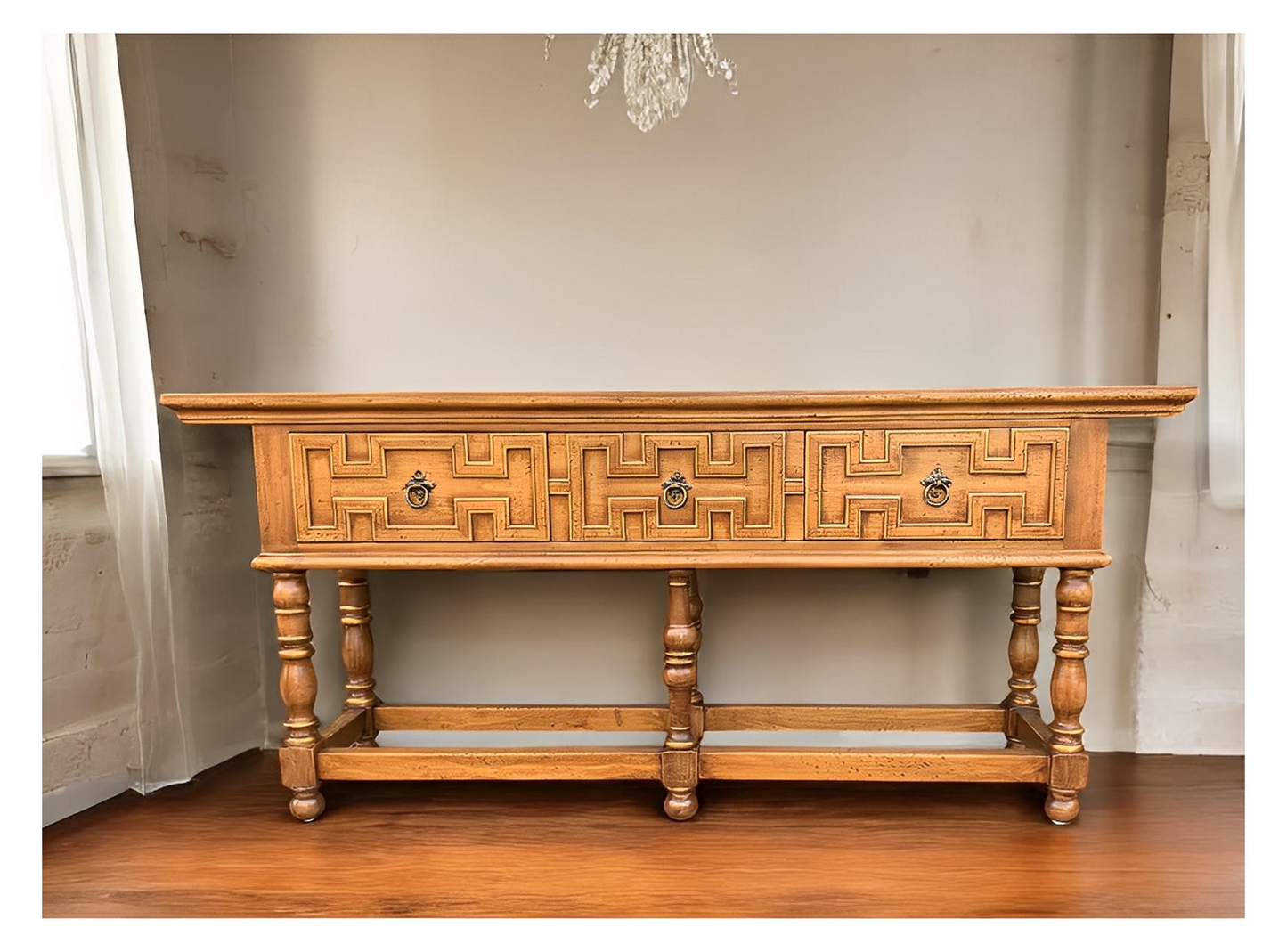 Saint-Suliac Console Table, Antique Brown, Carved Front Panels With Metal Ring Pulls