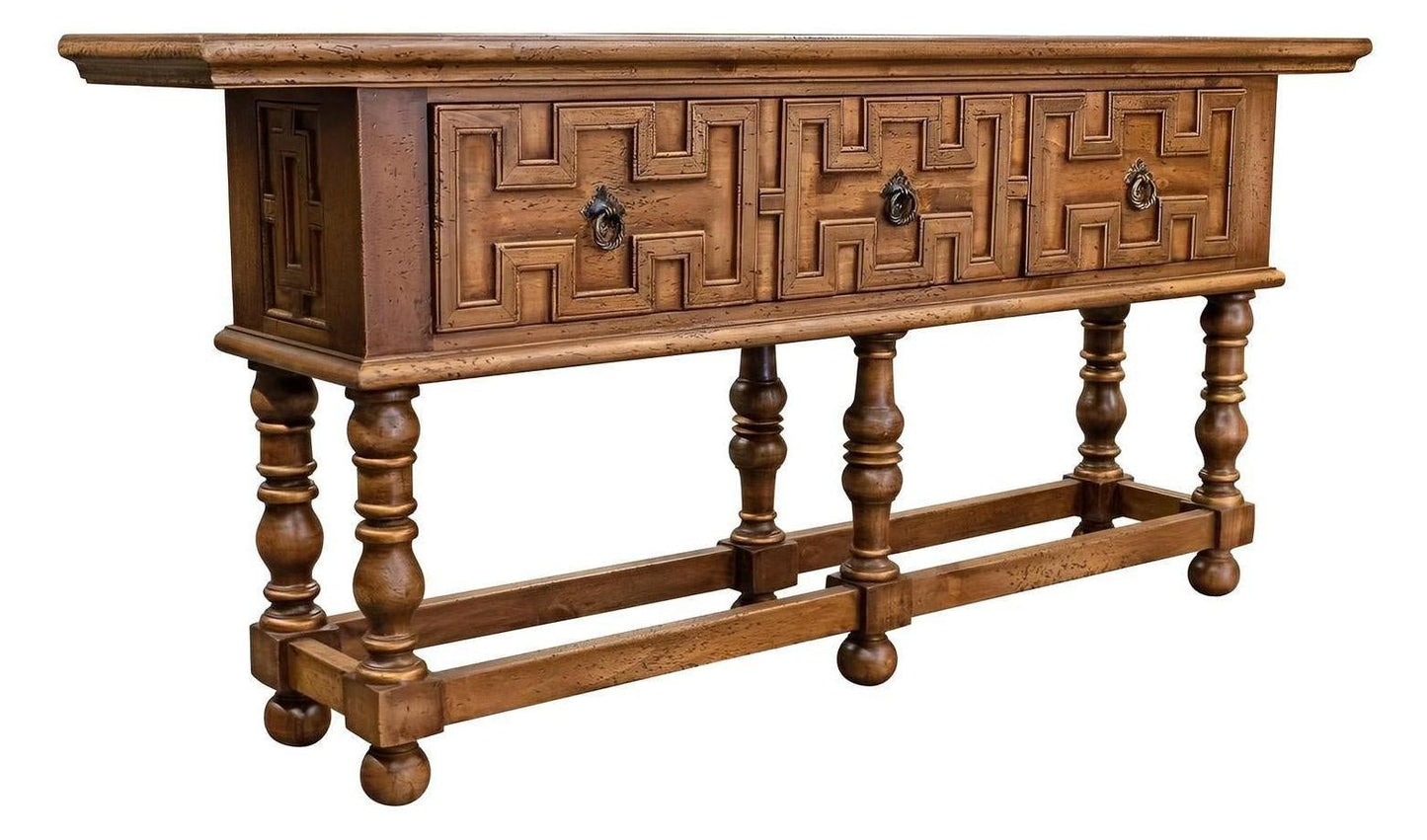 Saint-Suliac Console Table, Antique Brown, Carved Front Panels With Metal Ring Pulls