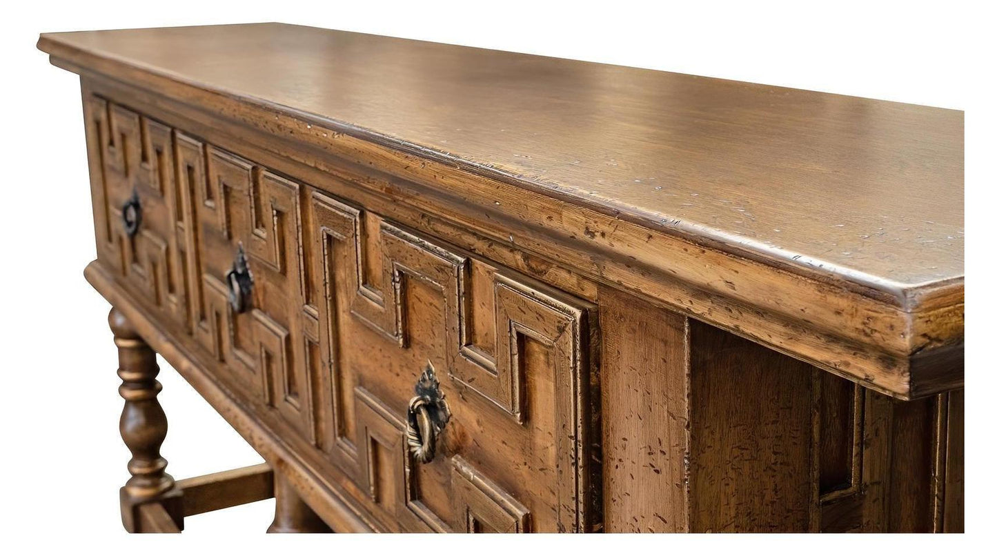 Saint-Suliac Console Table, Antique Brown, Carved Front Panels With Metal Ring Pulls