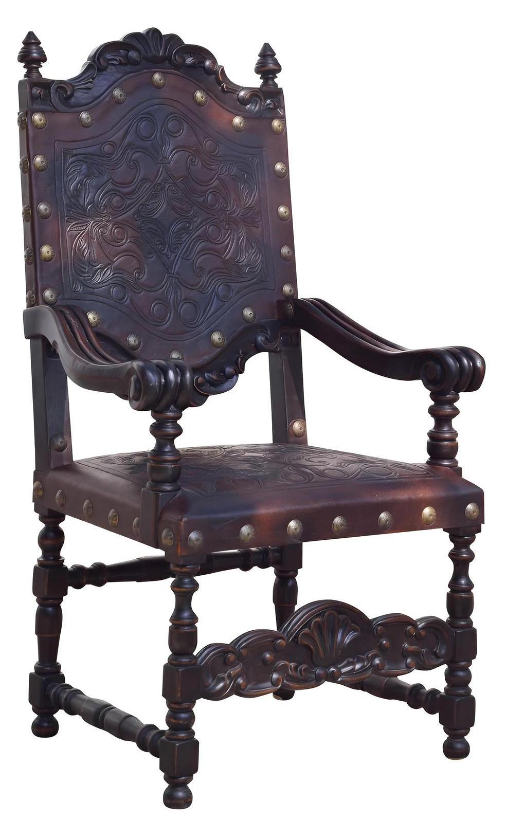 Talmont-sur-Gironde Dining Chairs (2-Pack), Dark Brown Leather Upholstery, Brass Studded Details