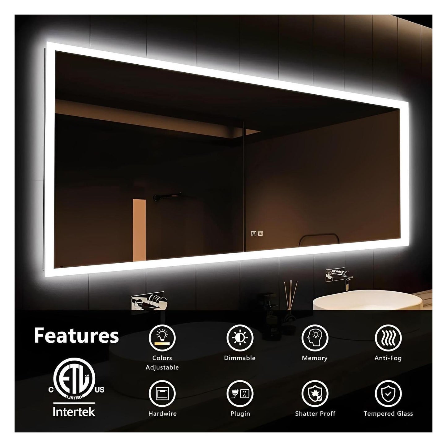 Edge Glow LED Bathroom Mirror (50+ in) - Adjustable Brightness and Color Temperature - Anti-Fog