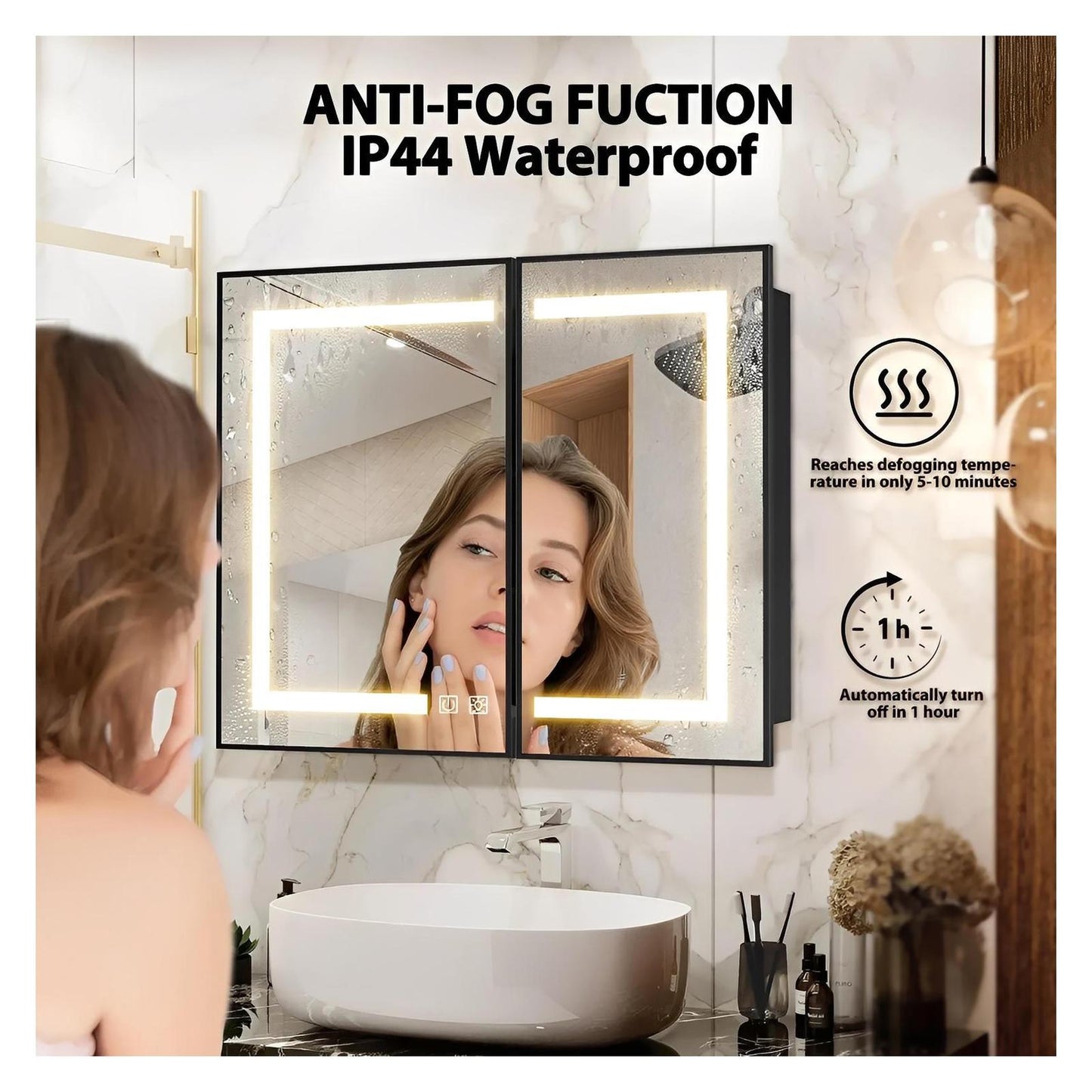 Framed Recessed Bathroom Vanity LED Mirror and Medicine Cabinet (30-40 in) - Adjustable Brightness and Color Temperature - Anti-Fog