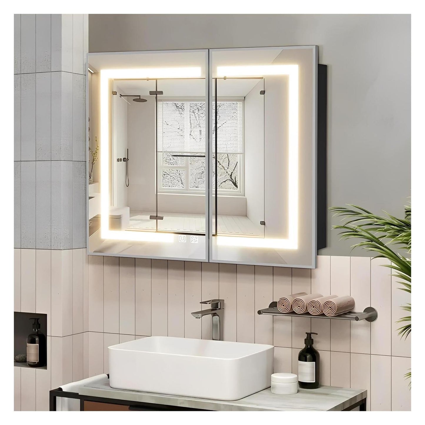 Framed Recessed Bathroom Vanity LED Mirror and Medicine Cabinet (30-40 in) - Adjustable Brightness and Color Temperature - Anti-Fog
