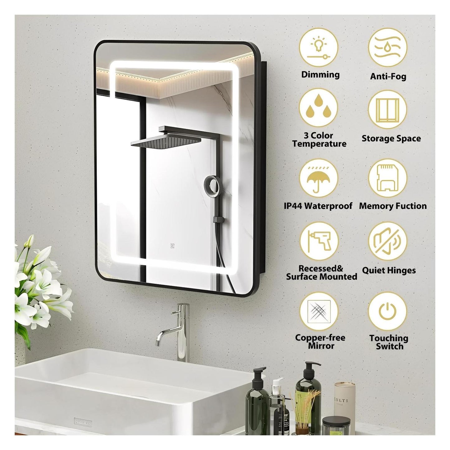 Framed Recessed Bathroom Vanity LED Mirror and Medicine Cabinet (16-30 in) - Adjustable Brightness and Color Temperature - Anti-Fog
