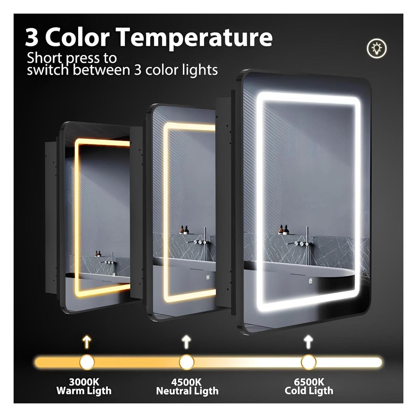Framed Recessed Bathroom Vanity LED Mirror and Medicine Cabinet (16-30 in) - Adjustable Brightness and Color Temperature - Anti-Fog