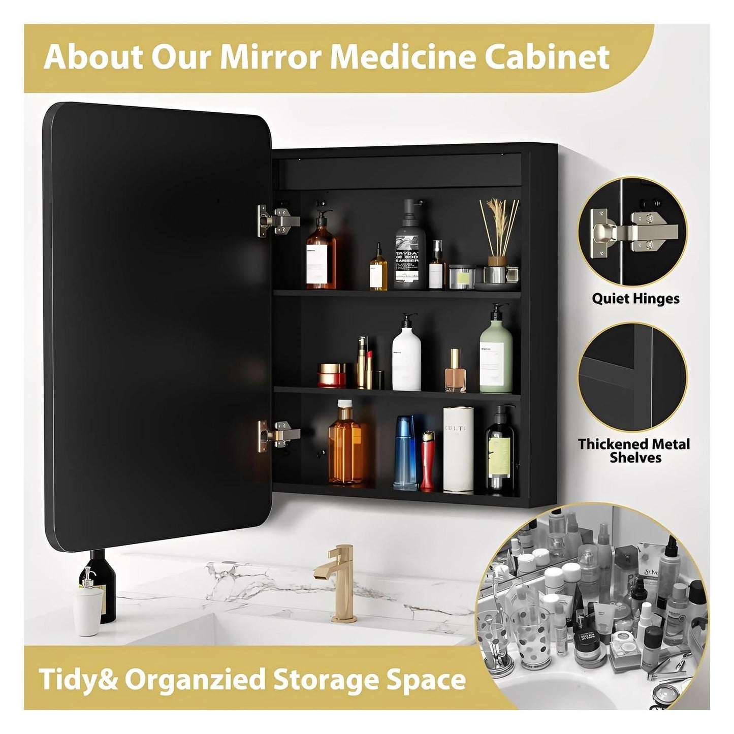 Framed Recessed Bathroom Vanity LED Mirror and Medicine Cabinet (16-30 in) - Adjustable Brightness and Color Temperature - Anti-Fog