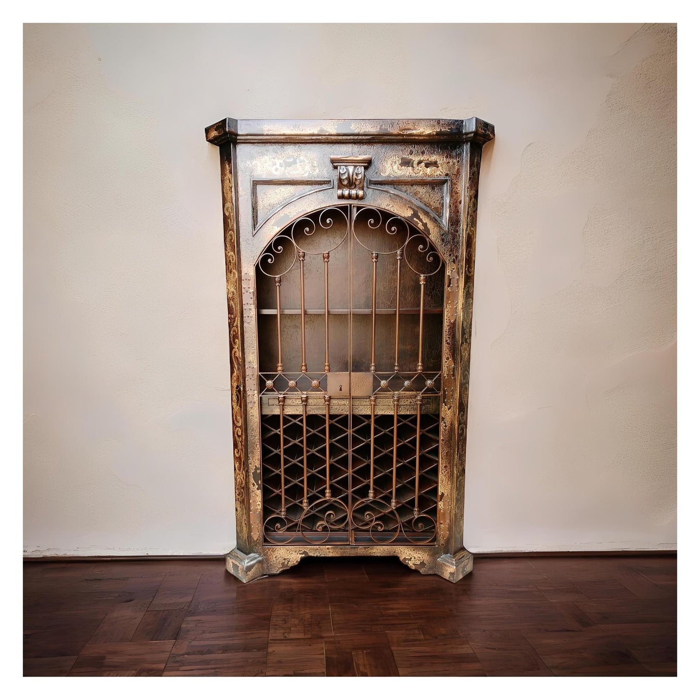 Amboise Armoire, Wine Cabinet, Antique Bronze Finish, Arched Wrought-Iron Grille
