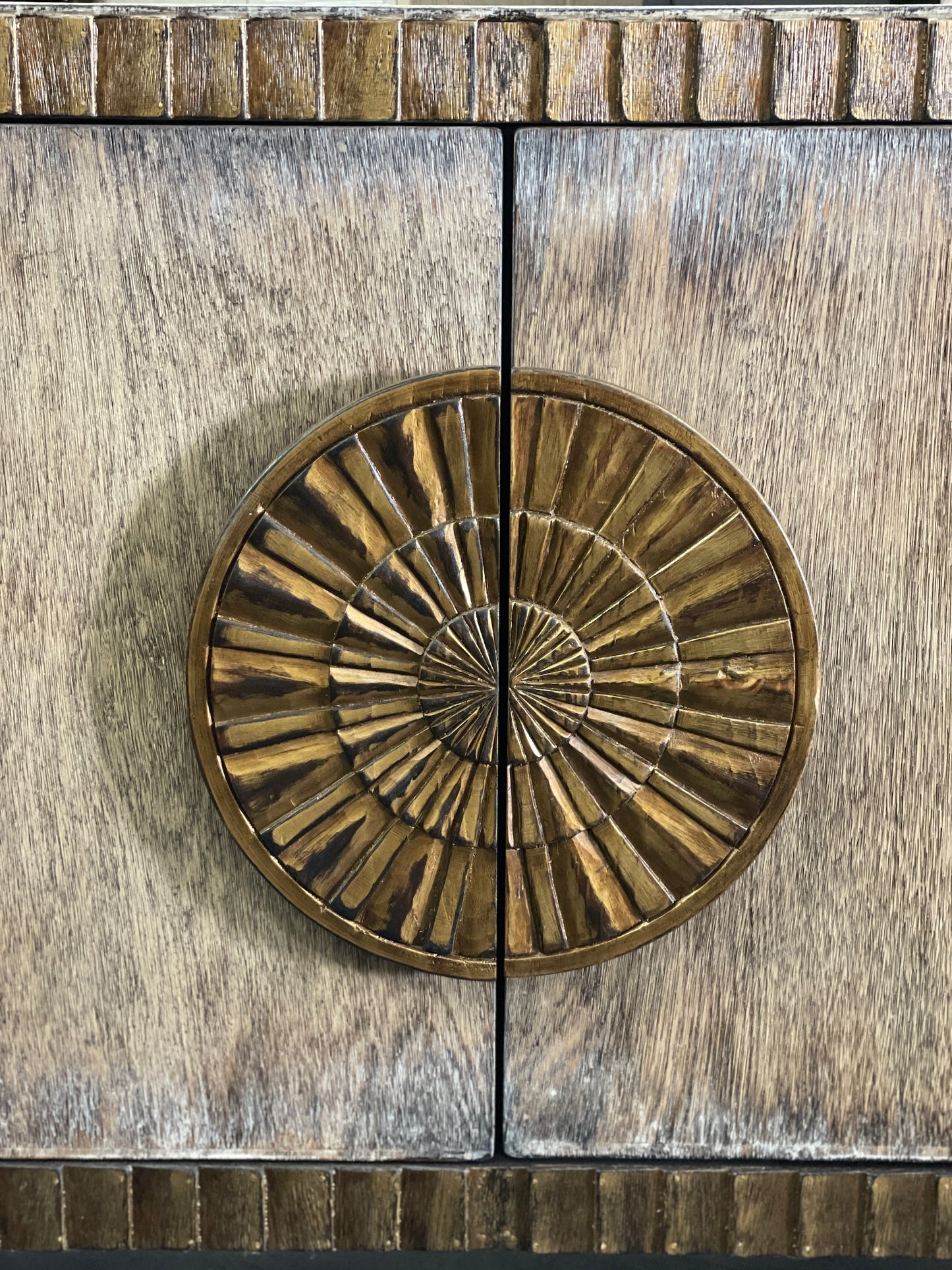 Gordes Chest, Brown Distressed Walnut, Circular Brass Sunburst Medallion Hardware With Aged Finish