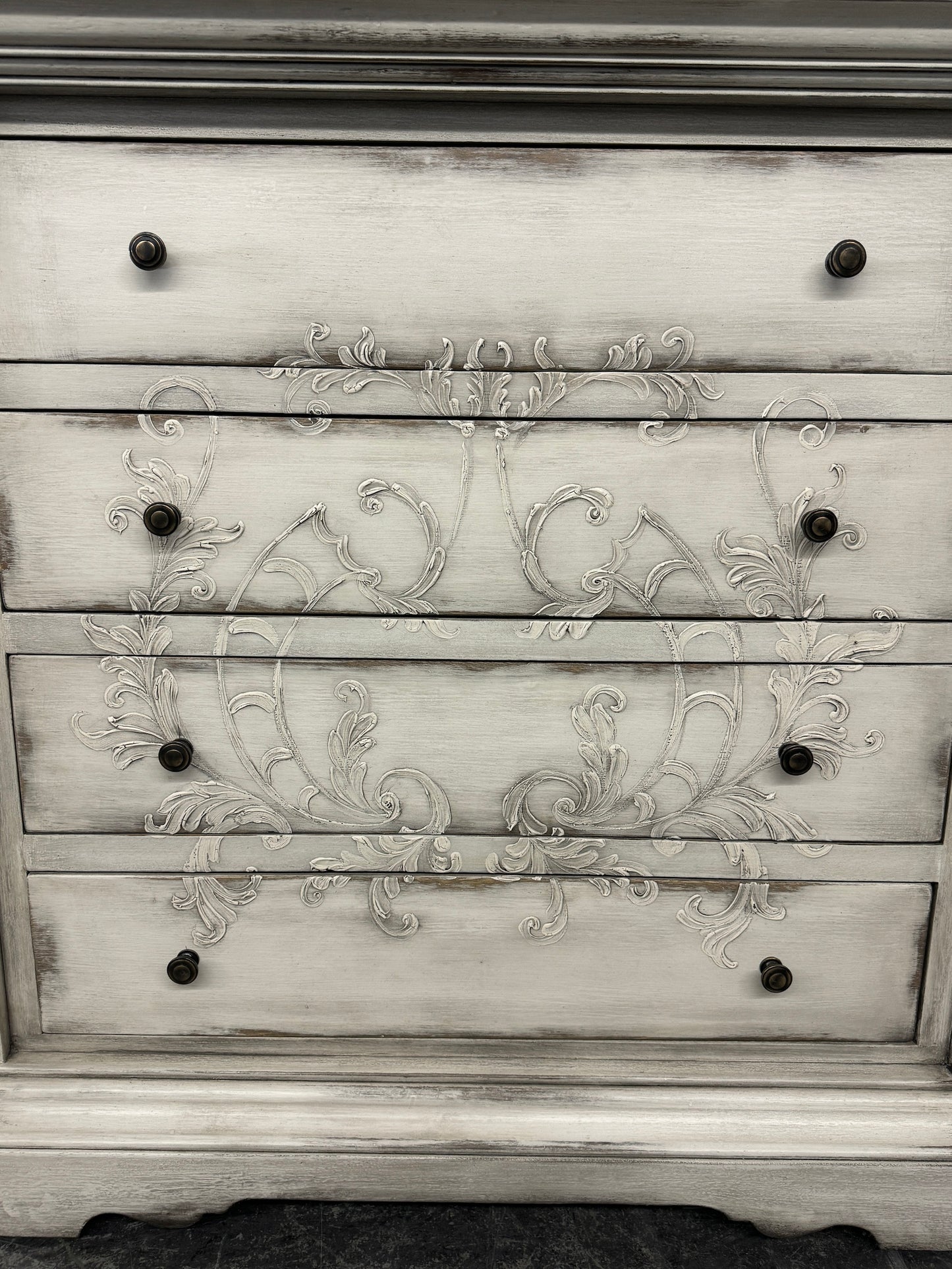 Couches Dresser, Distressed Whitewashed Gray, Hand-Carved Floral Scrollwork On Front Drawers