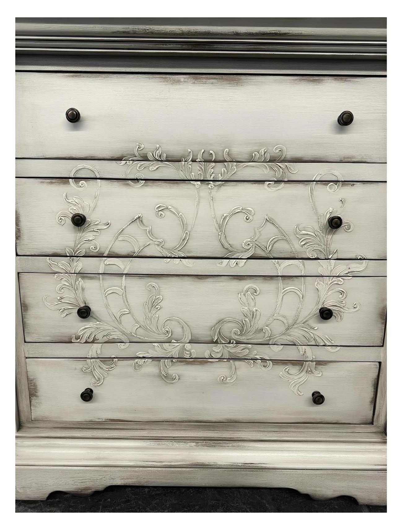 Alessandra Dresser, Distressed Whitewashed Gray, Hand-Carved Floral Scrollwork On Front Drawers