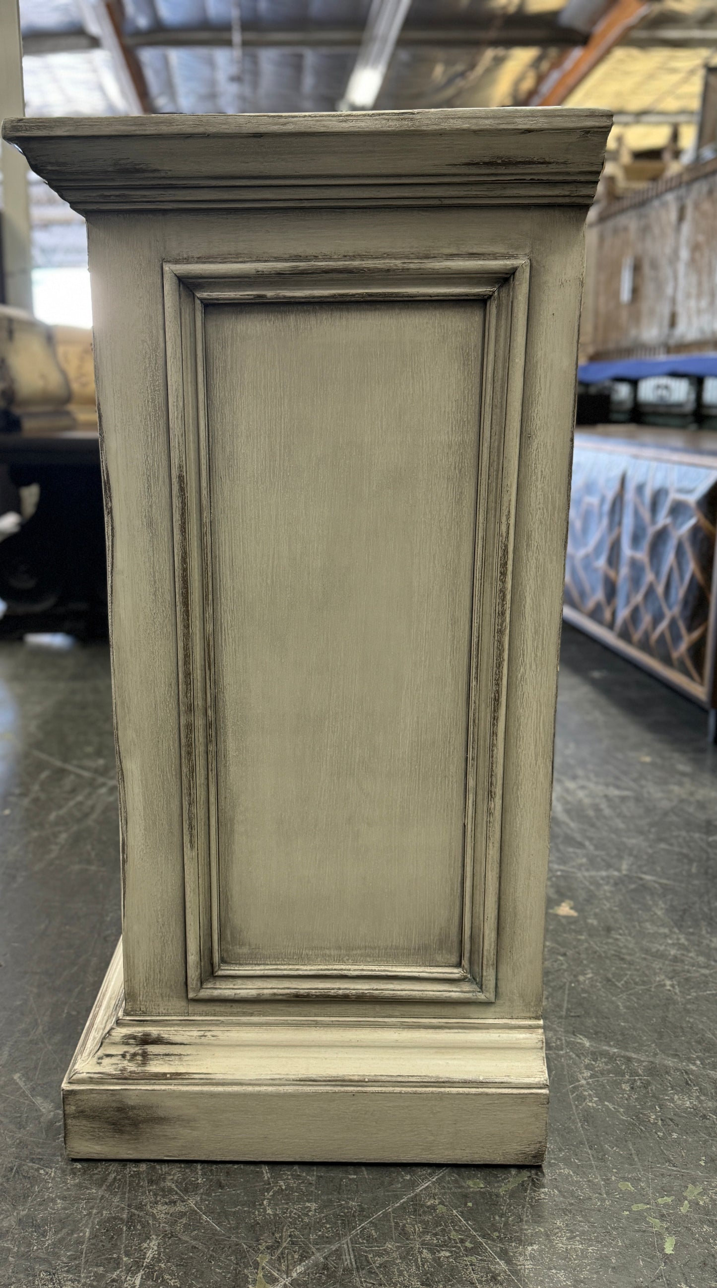 Couches Dresser, Distressed Whitewashed Gray, Hand-Carved Floral Scrollwork On Front Drawers