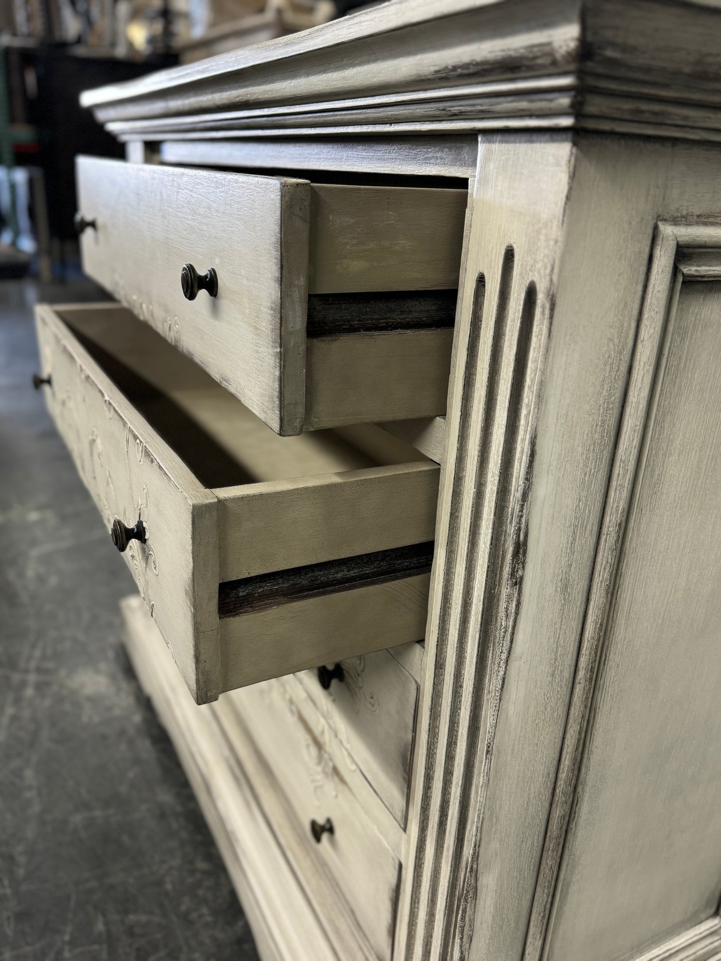 Couches Dresser, Distressed Whitewashed Gray, Hand-Carved Floral Scrollwork On Front Drawers