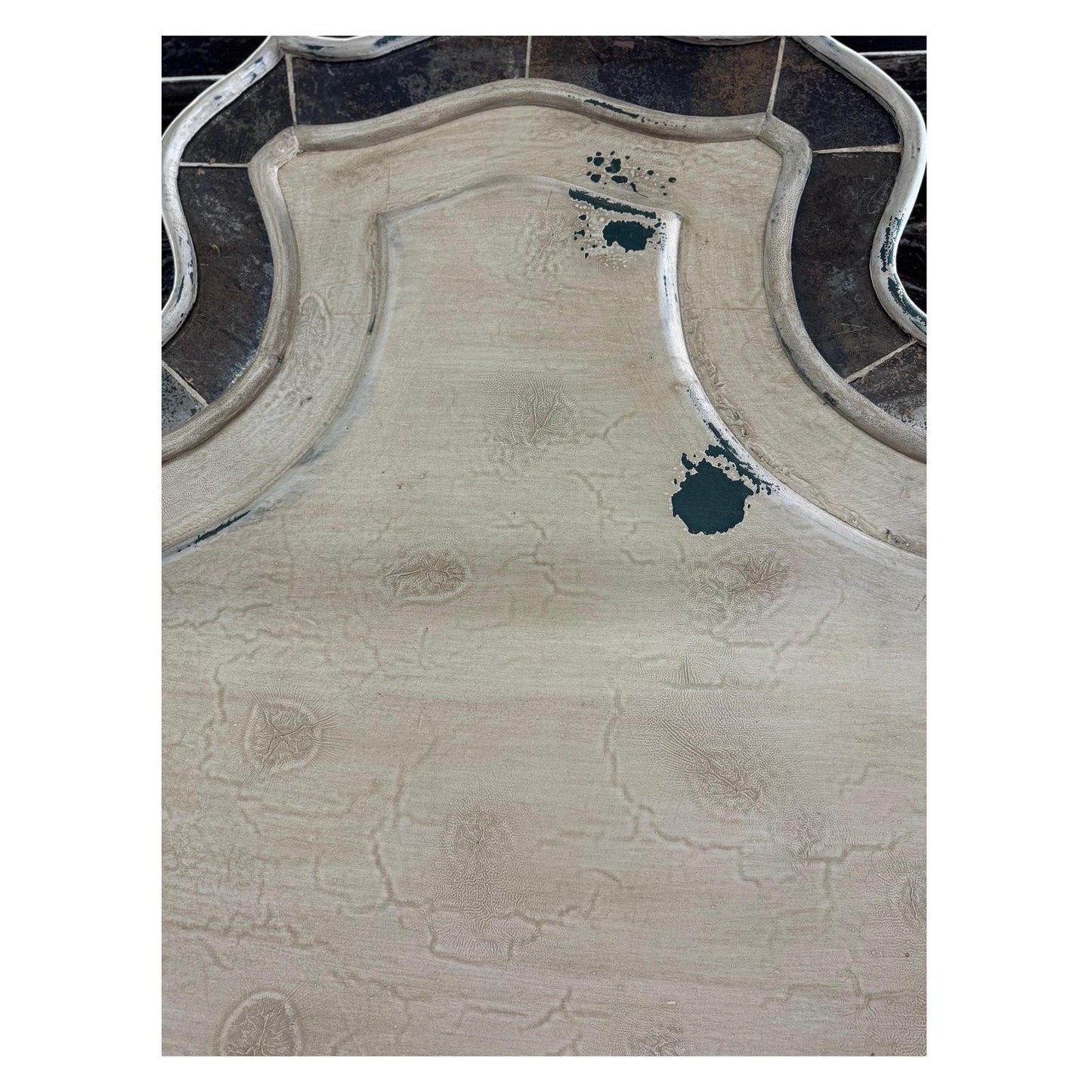 Ella Bed 82" Tall | Reverse-Painted Glass Border | Distressed French European Style | White & Gray Finish | Bed Only | Includes Delivery and Assembly