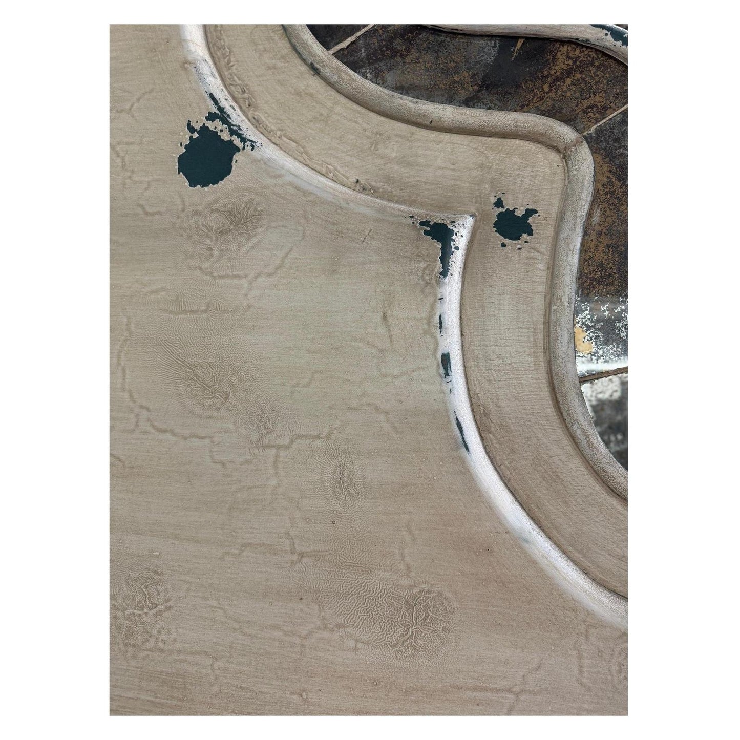 Ella Bed 82" Tall | Reverse-Painted Glass Border | Distressed French European Style | White & Gray Finish | Bed Only | Includes Delivery and Assembly