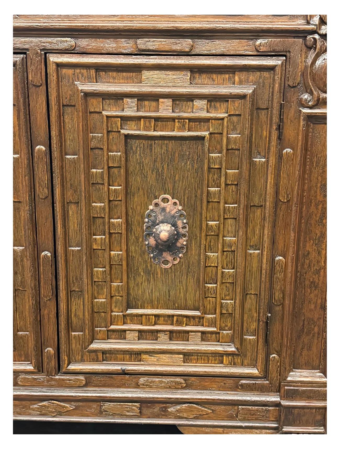 Castellan Chest, Antique Brown, Hand Crafted Geometric Panel Details With Rosette Hardware