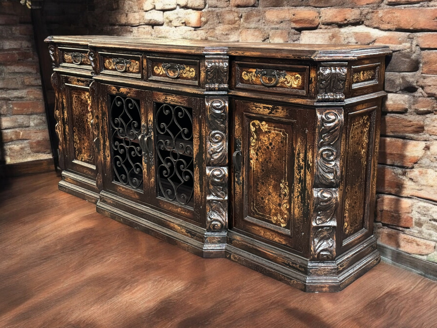 Allegra Verona Walnut Dining Room Buffet Table with Iron Accents 24x99x45