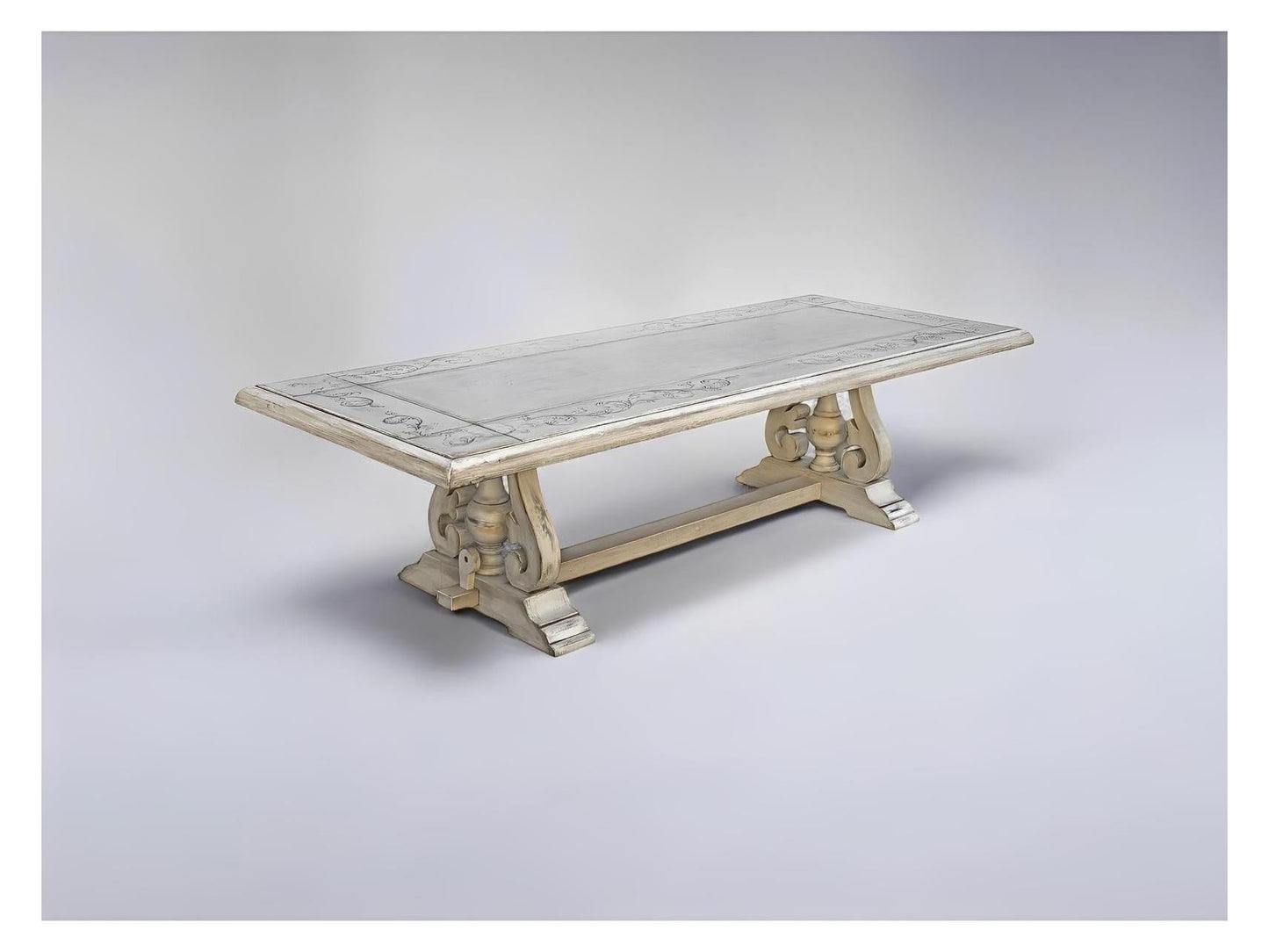 Usson Dining Table - Rectangular, Weathered Whitewash, Ornate Carved Trestle Base