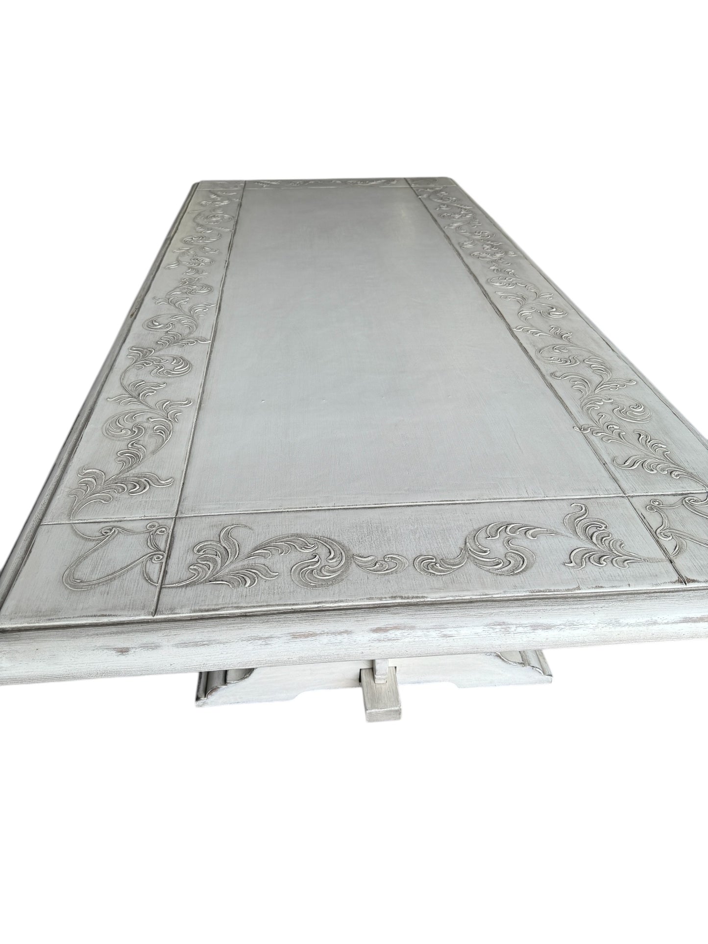Usson Dining Table - Rectangular, Weathered Whitewash, Ornate Carved Trestle Base