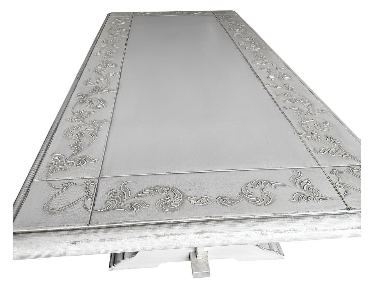 Usson Dining Table - Rectangular, Weathered Whitewash, Ornate Carved Trestle Base