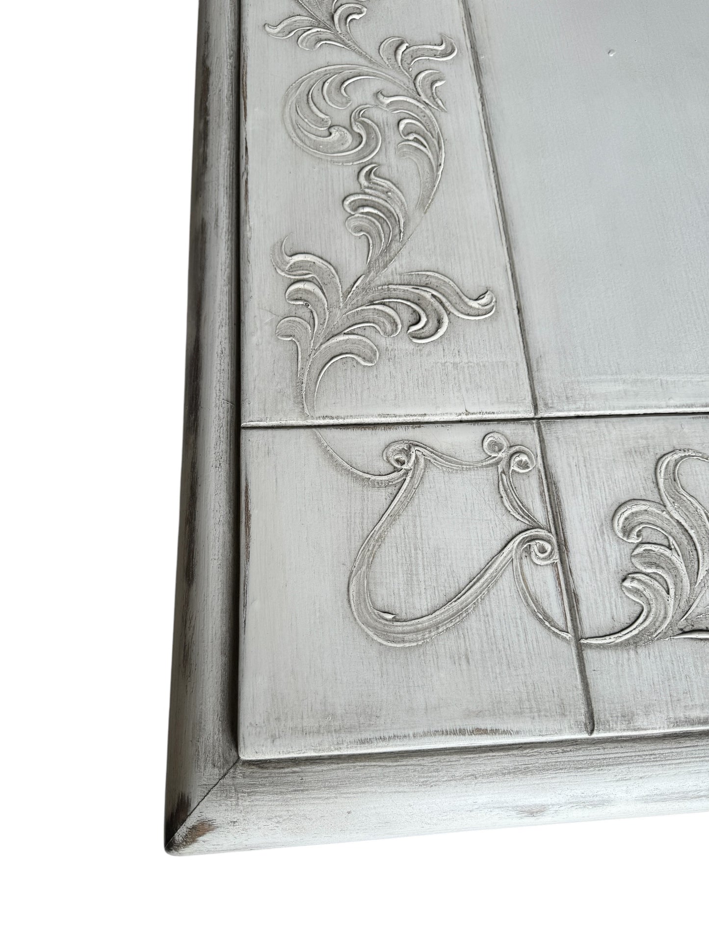 Usson Dining Table - Rectangular, Weathered Whitewash, Ornate Carved Trestle Base