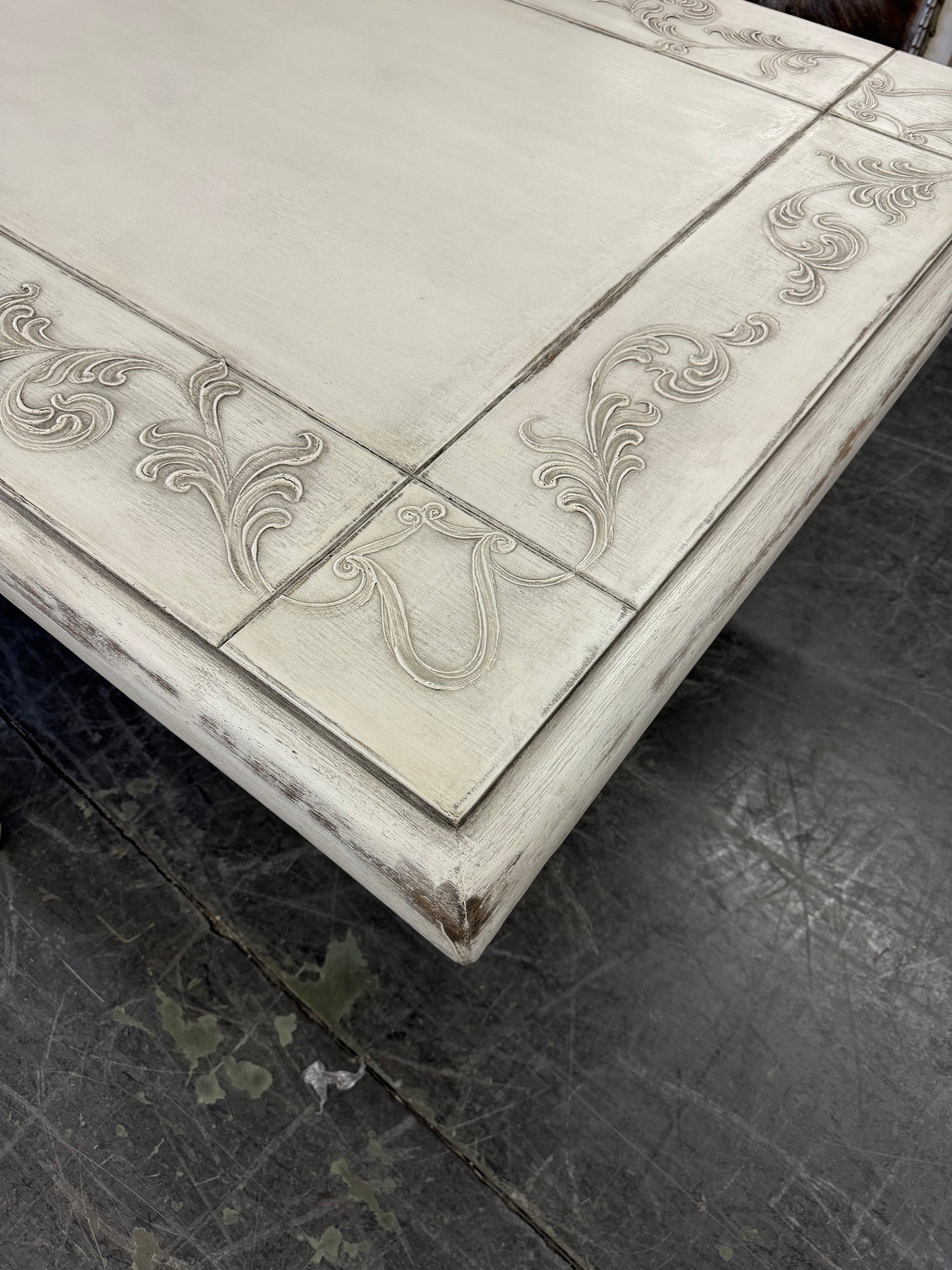 Usson Dining Table - Rectangular, Weathered Whitewash, Ornate Carved Trestle Base