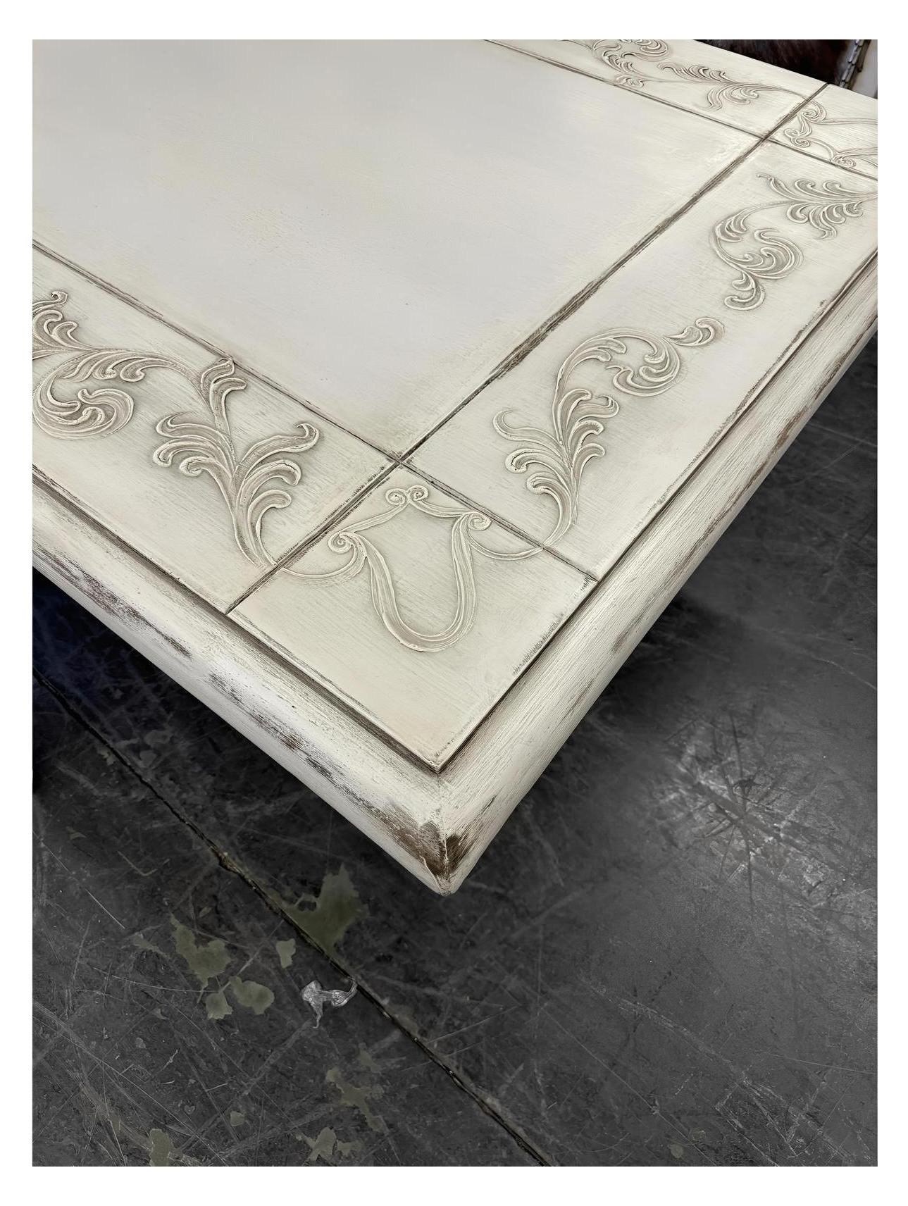 Usson Dining Table - Rectangular, Weathered Whitewash, Ornate Carved Trestle Base