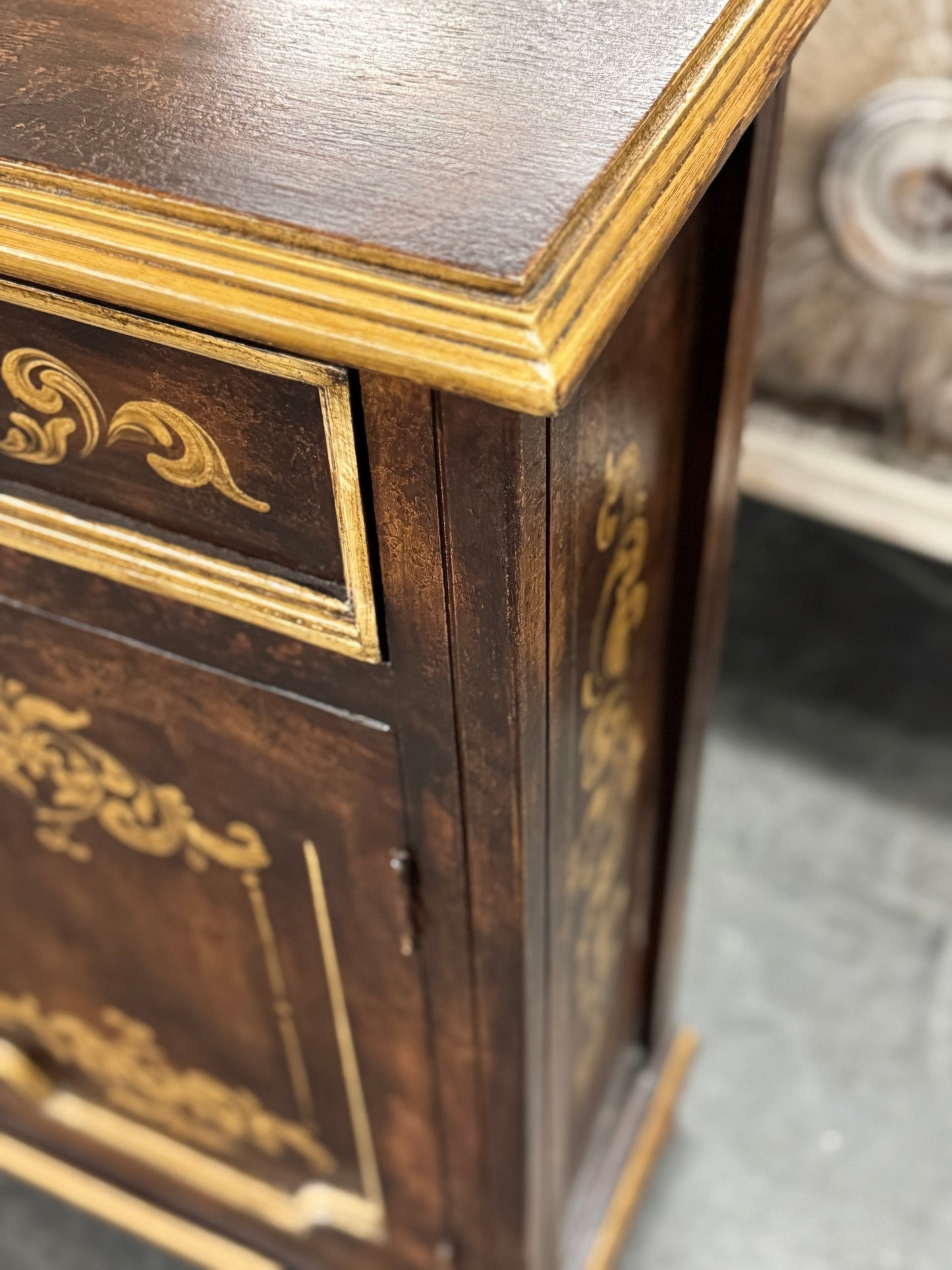 Langres Chest, Dark Brown Finish, With Ornate Gold Floral Inlay On Top, Handcrafted Antique Styling