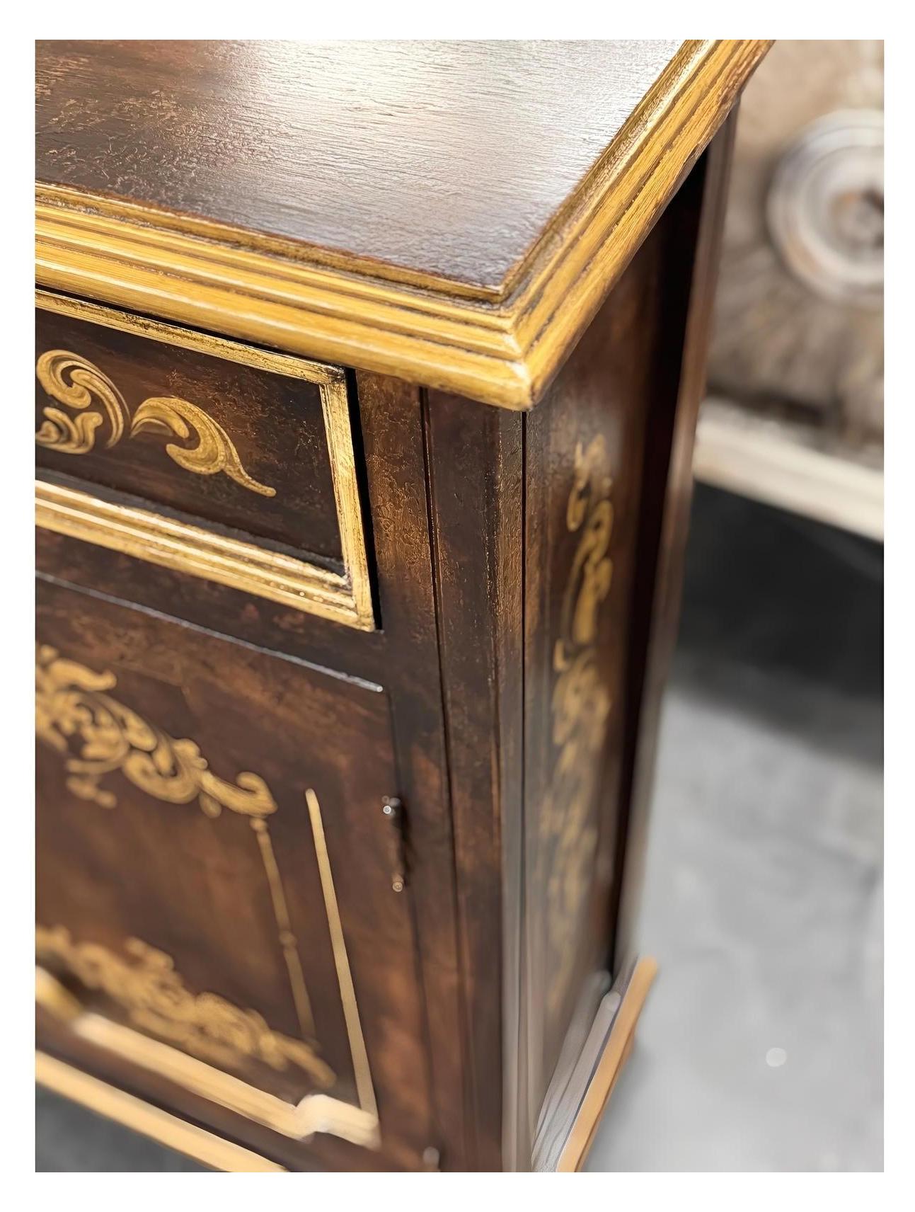 Langres Chest, Dark Brown Finish, With Ornate Gold Floral Inlay On Top, Handcrafted Antique Styling
