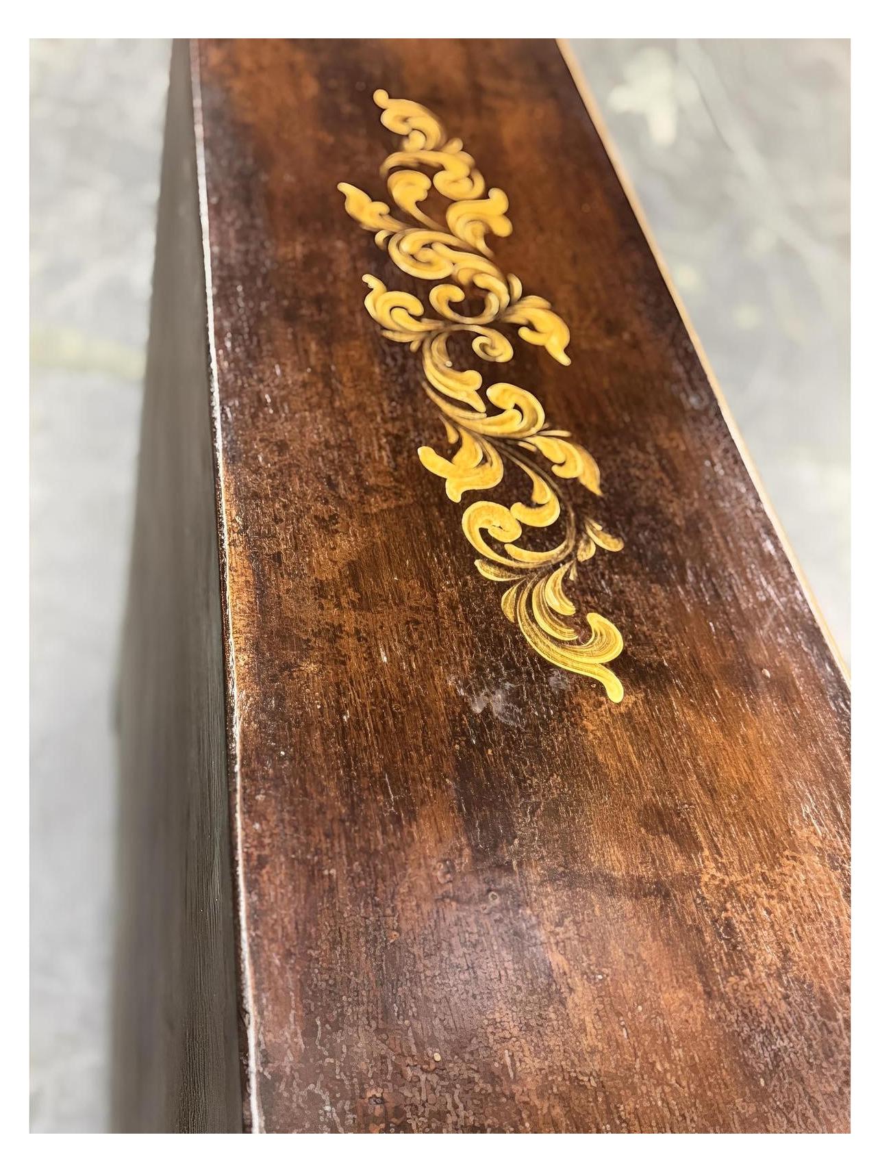 Langres Chest, Dark Brown Finish, With Ornate Gold Floral Inlay On Top, Handcrafted Antique Styling