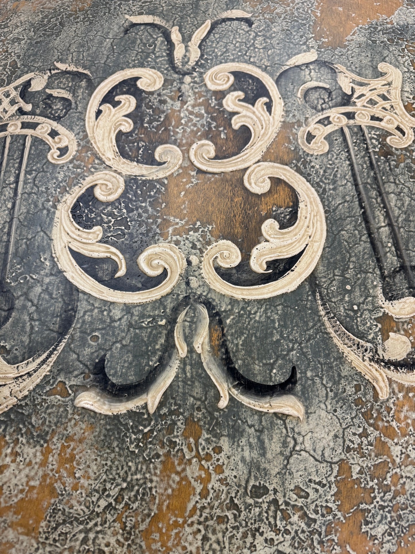 Pontarlier Round Counter Height Table, Black, Intricately Carved Scrollwork Top Surface