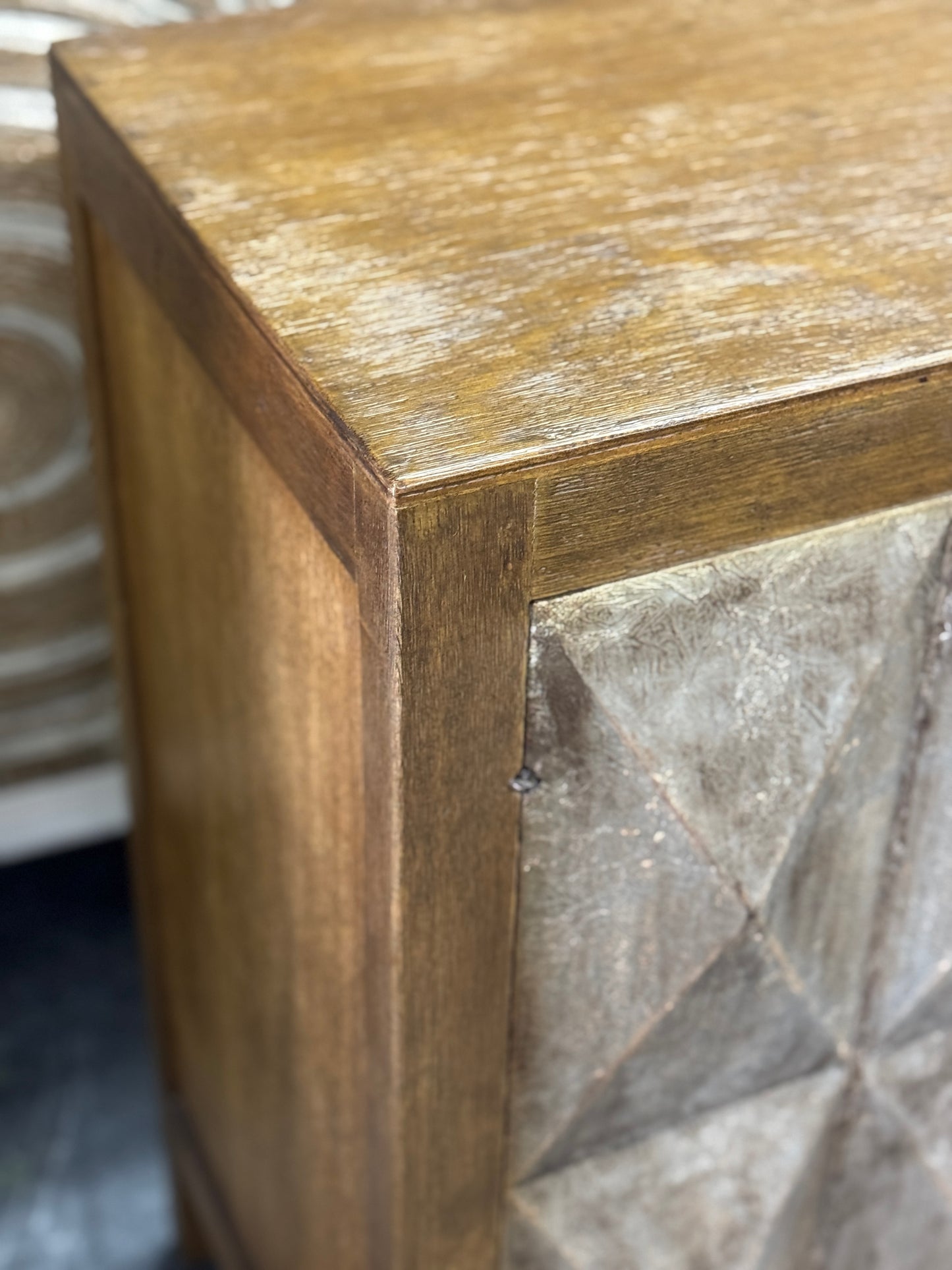 La Charité Sideboard, Warm Brown Oak Finish, Diamond Quilted Fabric Panel Insert