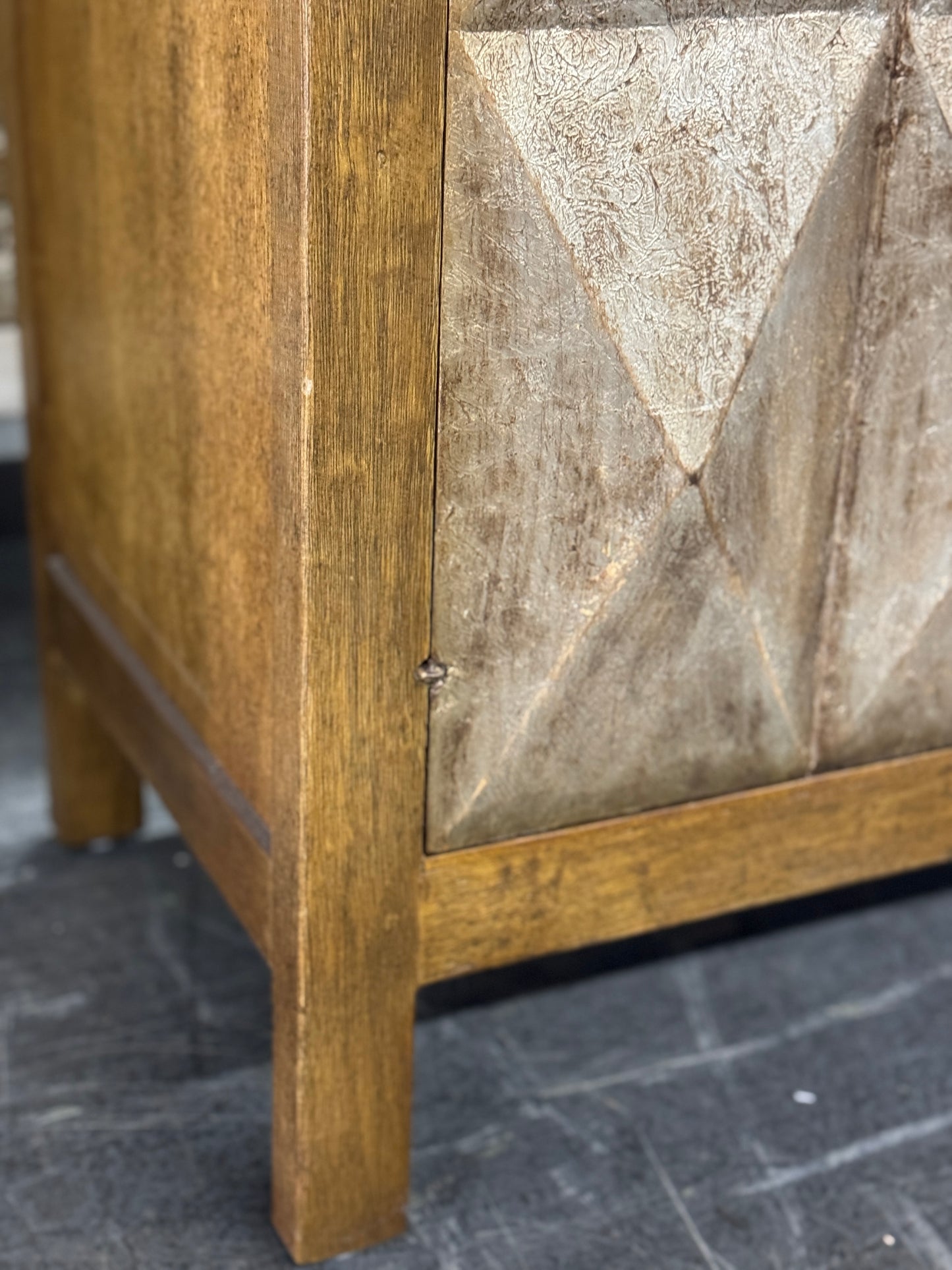 La Charité Sideboard, Warm Brown Oak Finish, Diamond Quilted Fabric Panel Insert