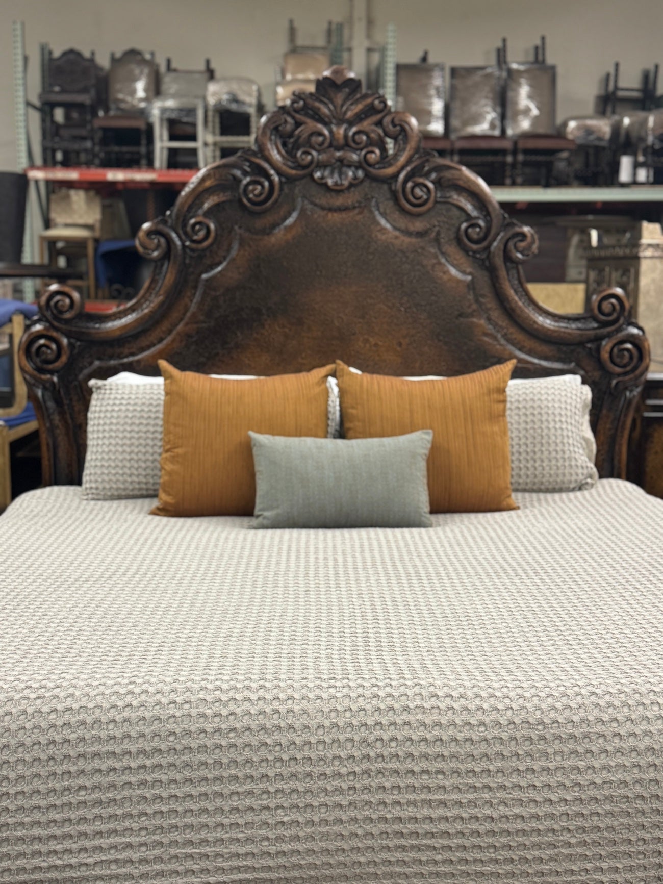 MARQUEZA KING BED 87" Tall | Luxury French European Style | Rustic Brown Hand Carved Solid Wood | Bed Only | Includes Delivery and Assembly