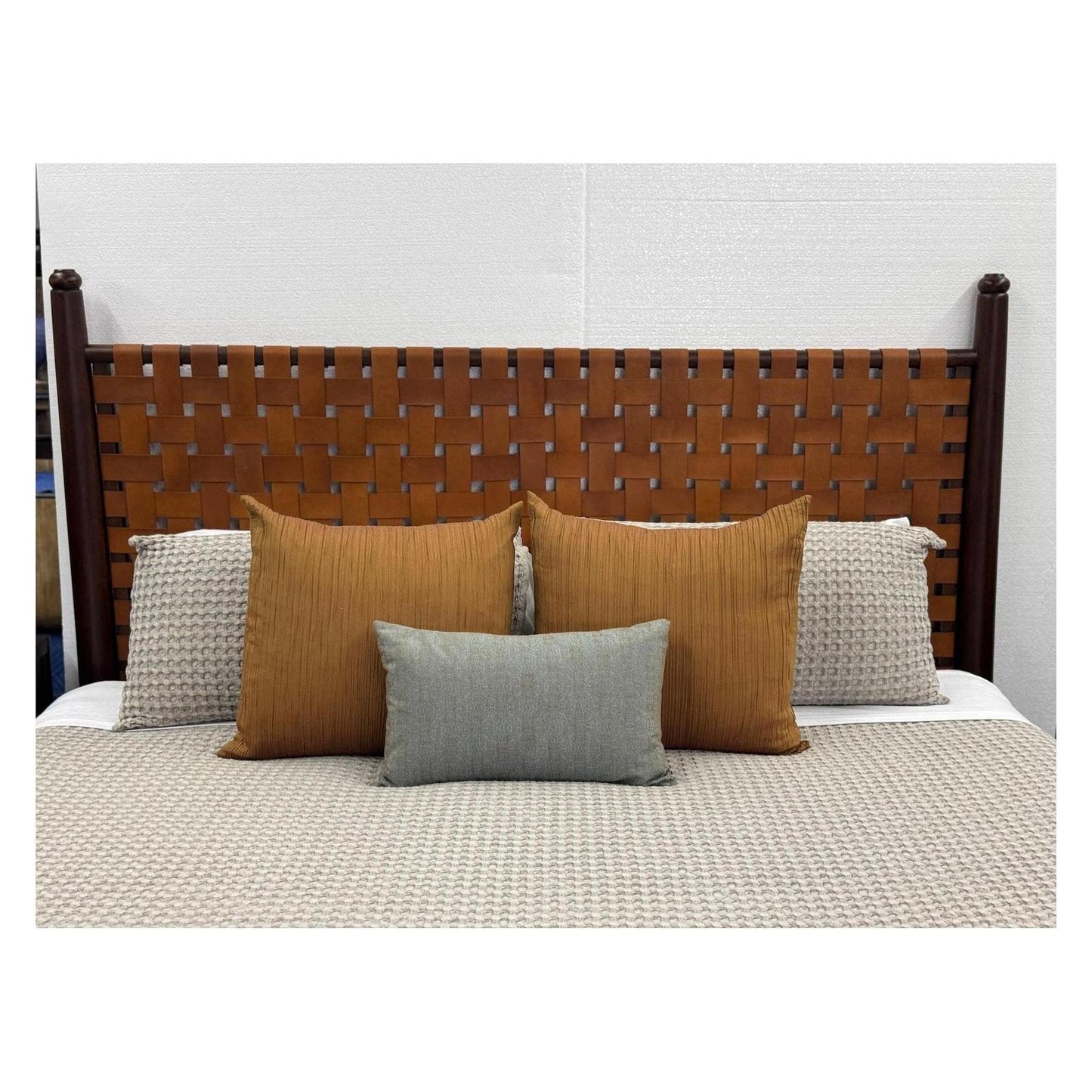 Maison Bed | Tan Woven Leather Headboard, Footboard, Dark Brown Wooden Frame | Bed Only | Includes Delivery and Assembly