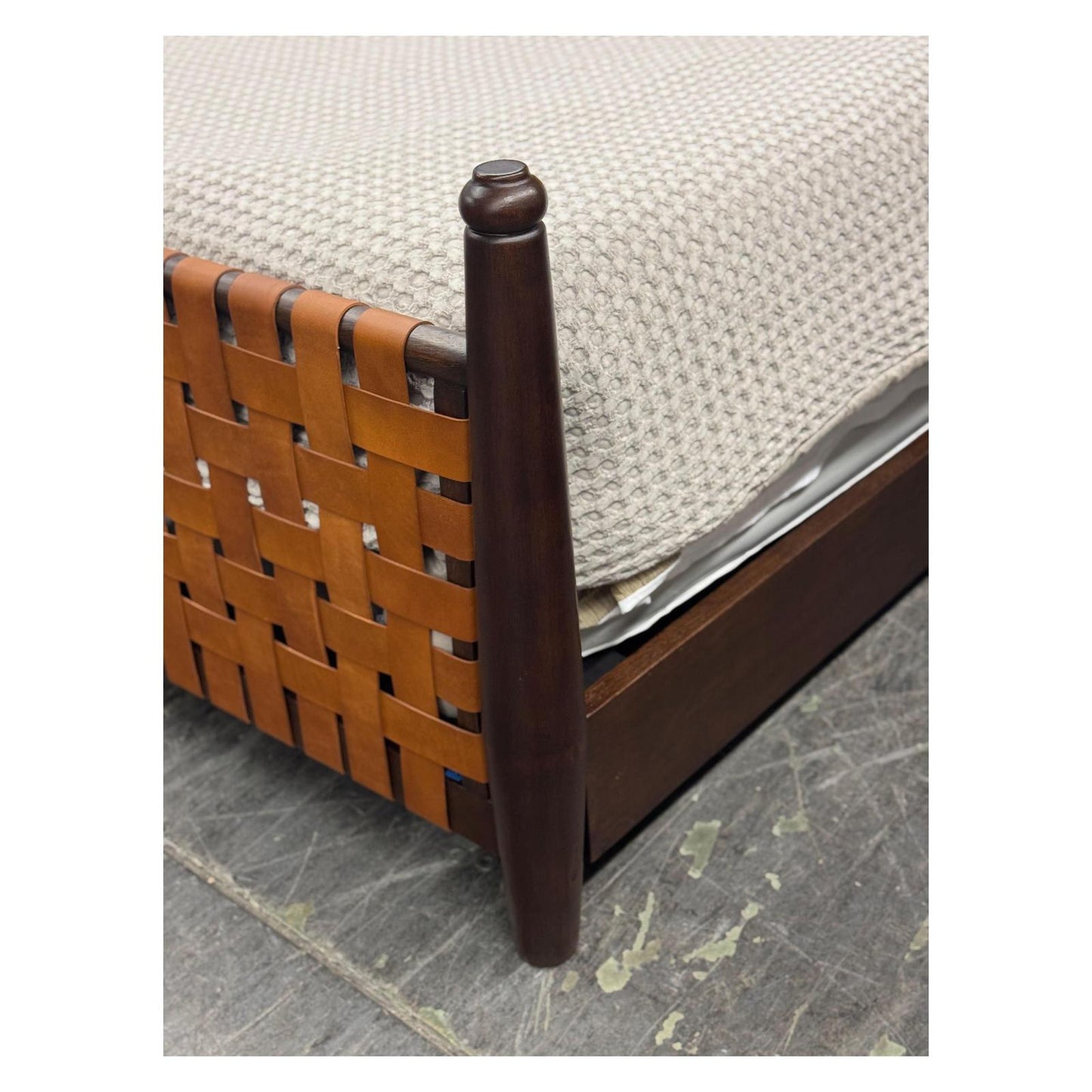 Maison Bed | Tan Woven Leather Headboard, Footboard, Dark Brown Wooden Frame | Bed Only | Includes Delivery and Assembly