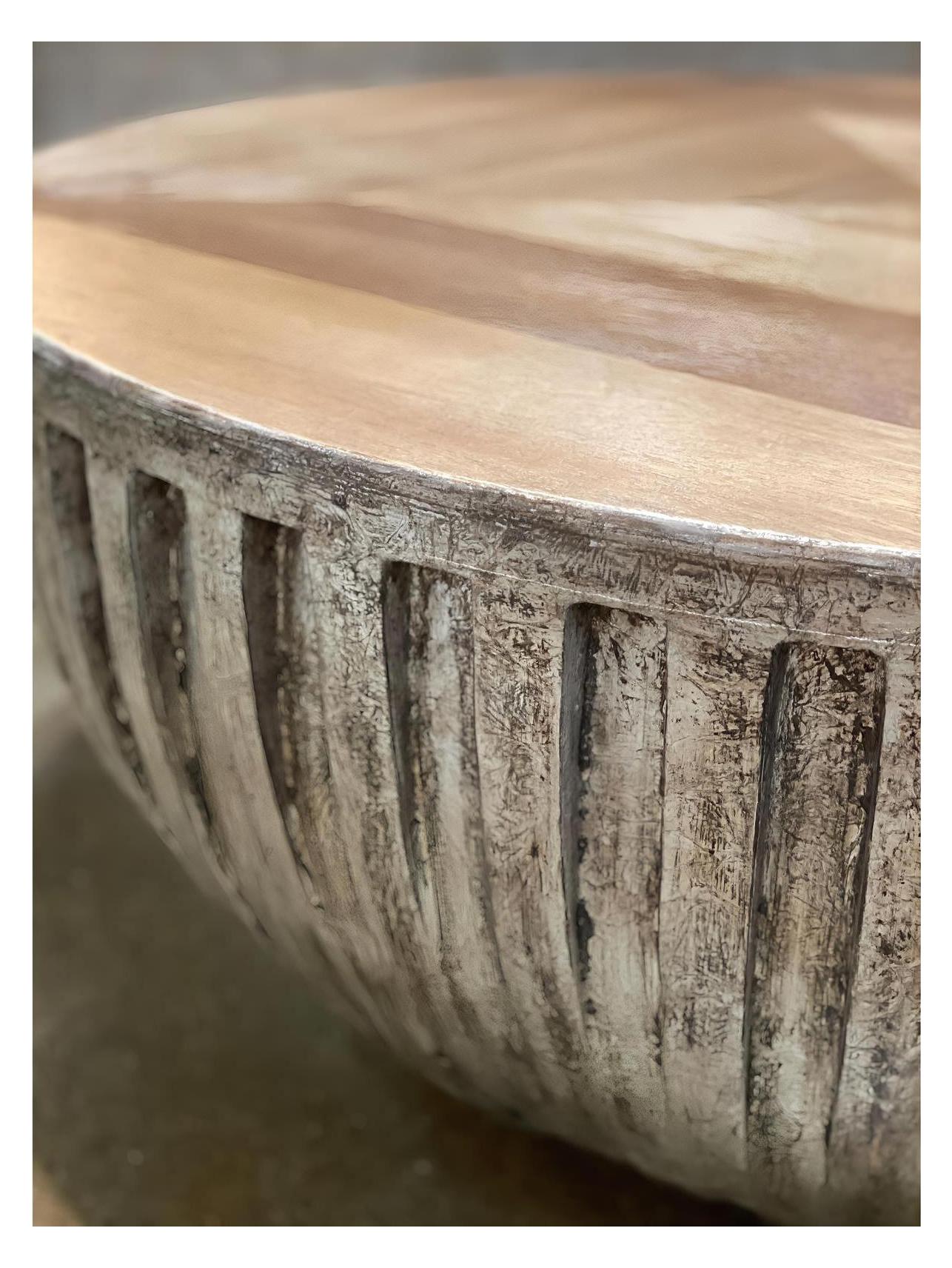 Cirq-Lapopie Coffee Table - Round, Weathered Gray, Ribbed Exterior Texture, Distressed Concrete Finish