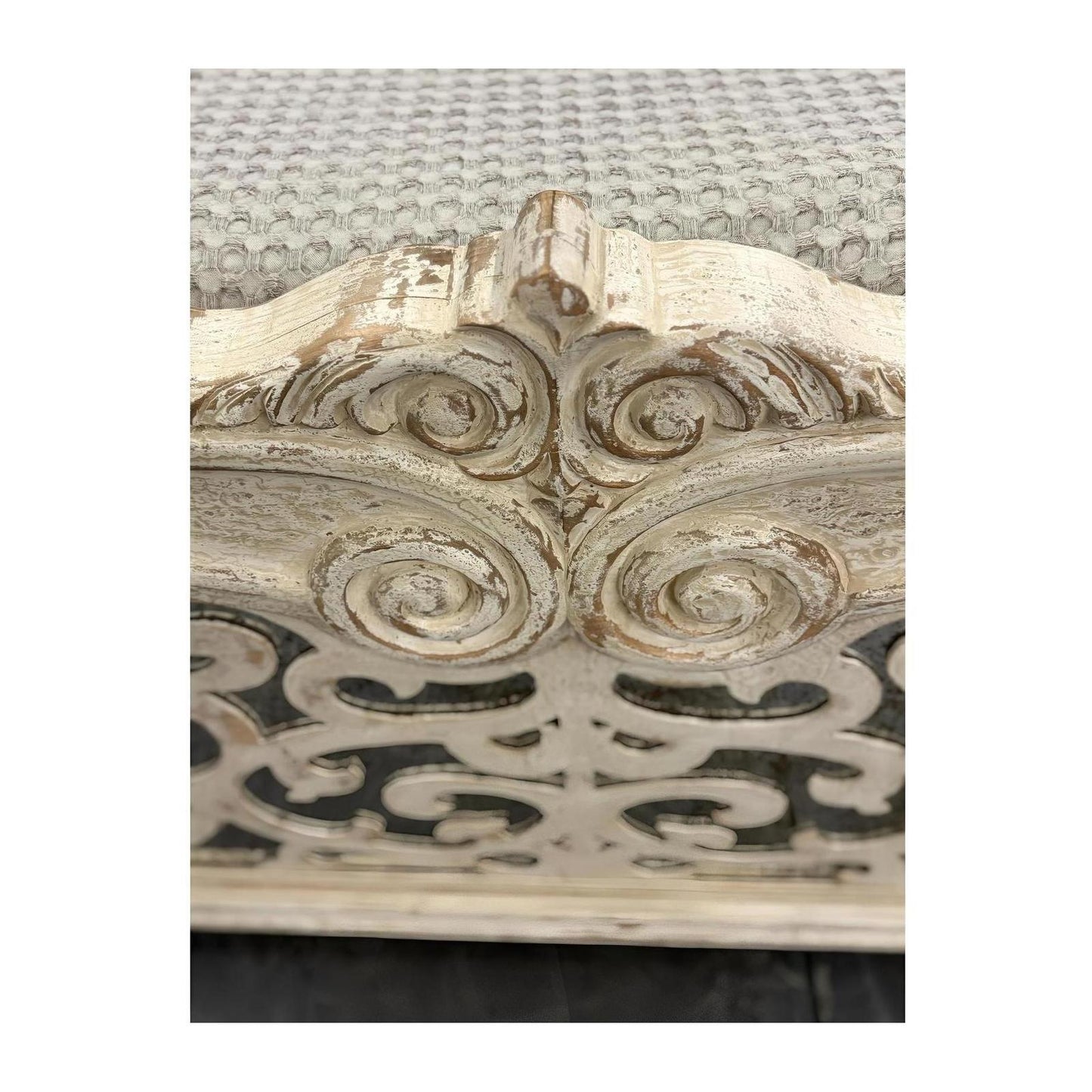 ALBA WAXED OFF WHITE BED 84.5" Tall | Luxury French European Style | Wooden Frame with Antique Mirror Details | Bed Only | Includes Delivery and Assembly