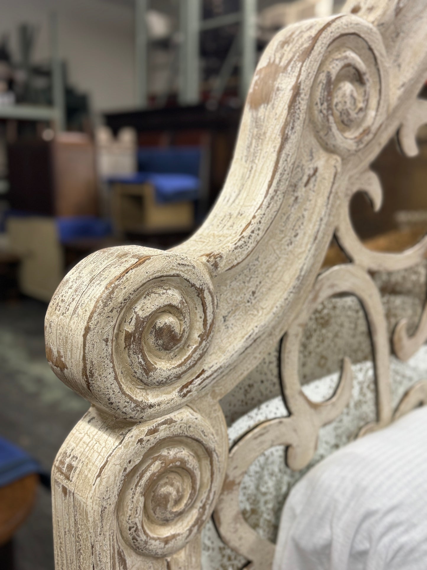 RAQUEL WAXED OFF WHITE KING BED 84.5" Tall | Luxury French European Style | Wooden Frame with Antique Mirror Details | Bed Only | Includes Delivery and Assembly