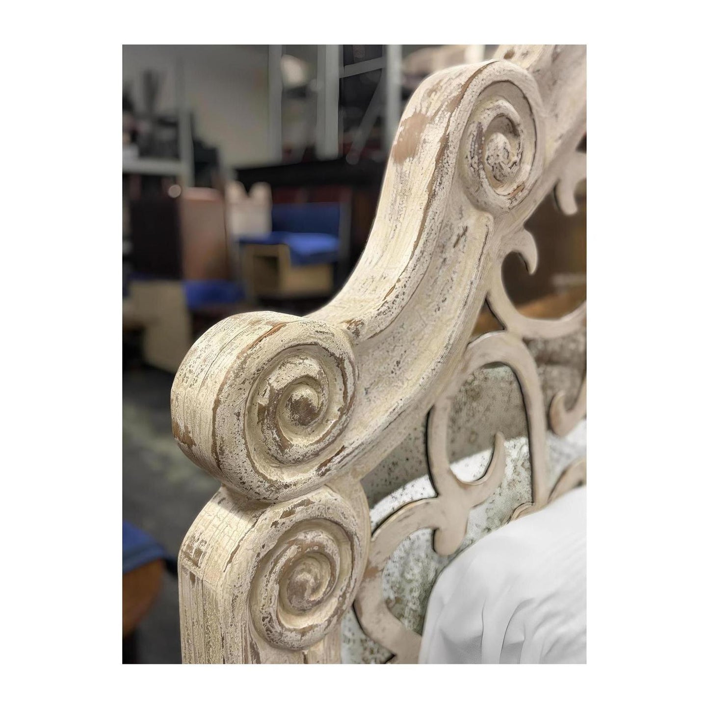 ALBA WAXED OFF WHITE BED 84.5" Tall | Luxury French European Style | Wooden Frame with Antique Mirror Details | Bed Only | Includes Delivery and Assembly