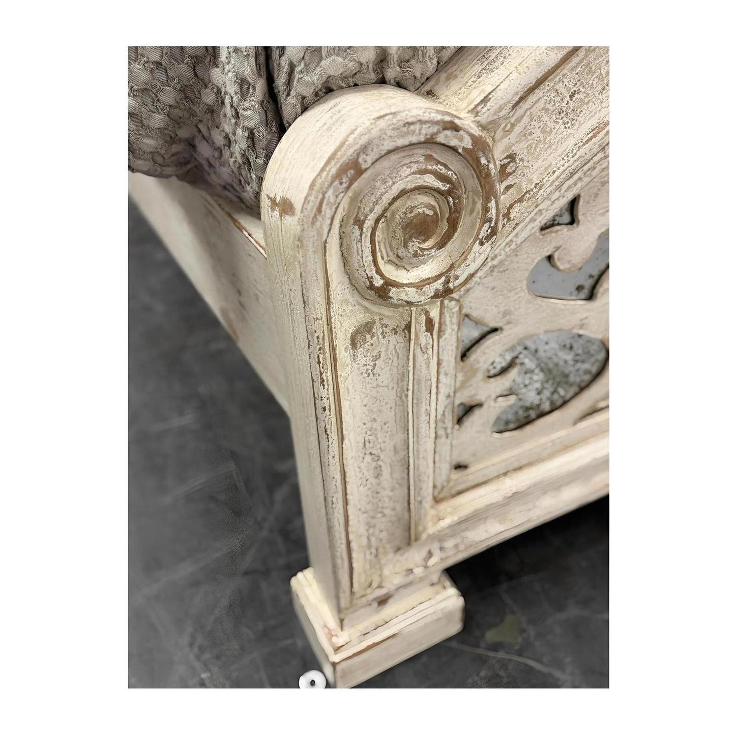 ALBA WAXED OFF WHITE BED 84.5" Tall | Luxury French European Style | Wooden Frame with Antique Mirror Details | Bed Only | Includes Delivery and Assembly